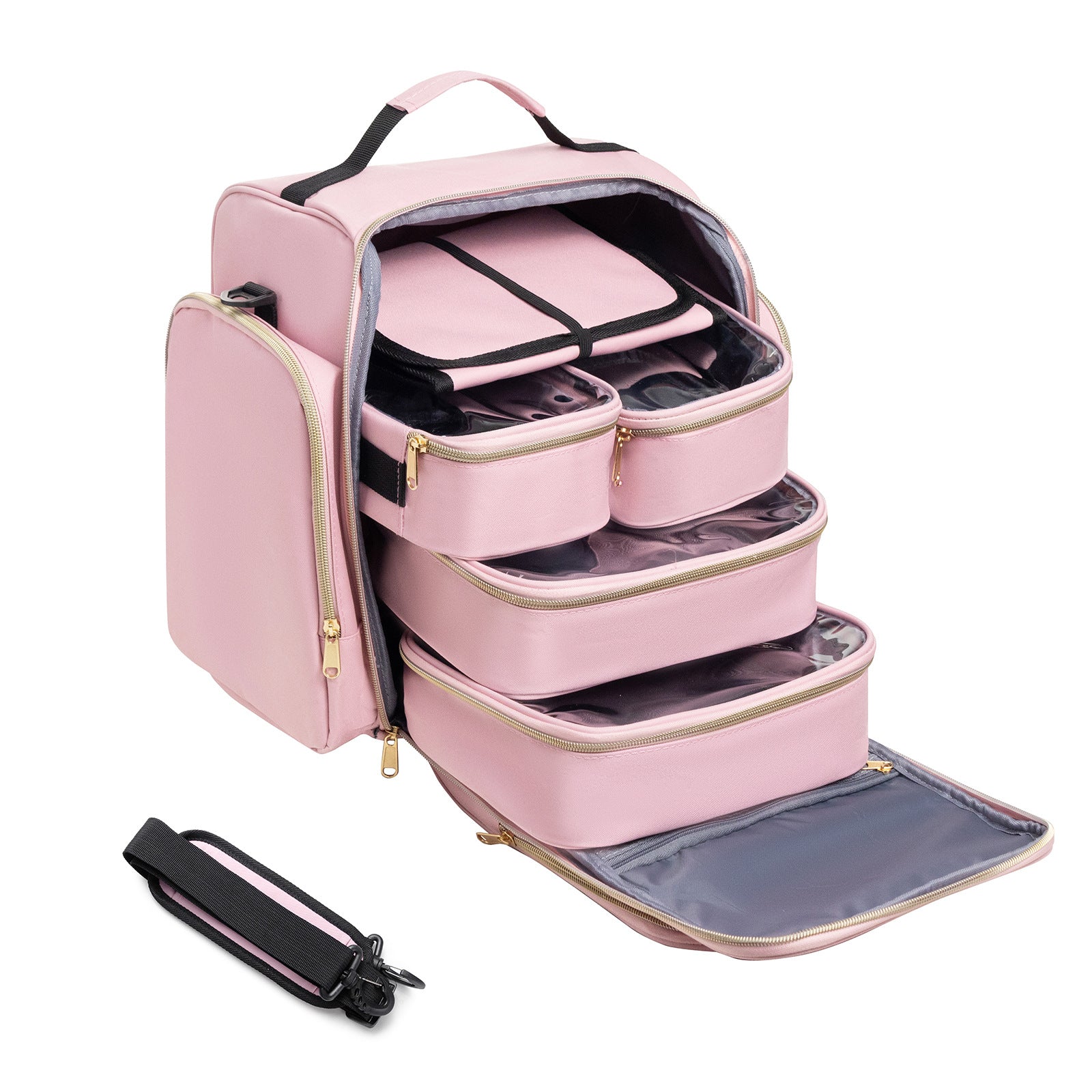 Large Capacity Travel Makeup Backpack with 5 Removable Organizer Cases & Jewelry Roll pink