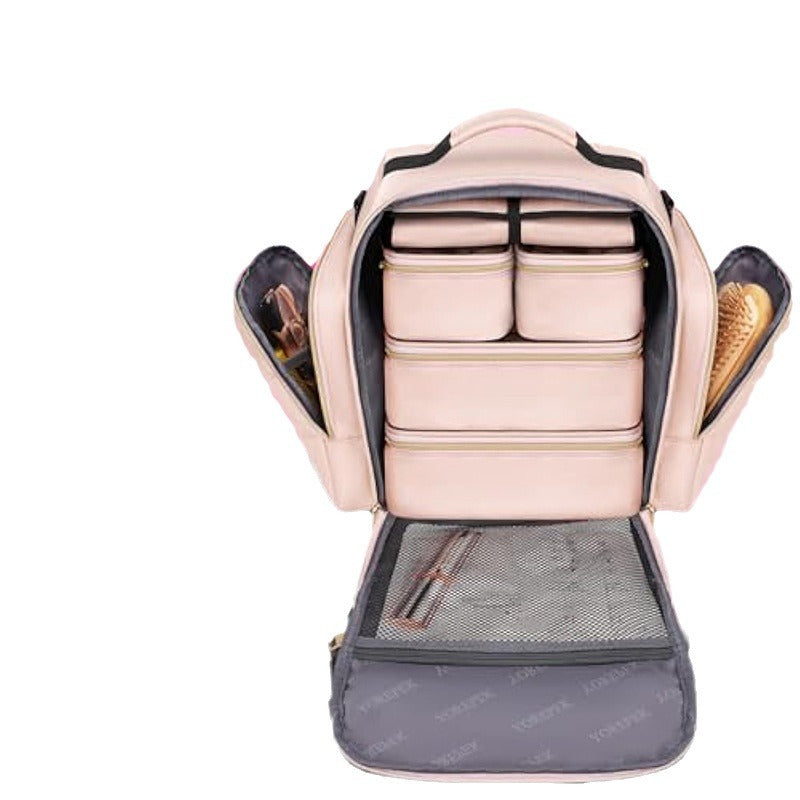 Large Capacity Travel Makeup Backpack with 5 Removable Organizer Cases & Jewelry Roll pink