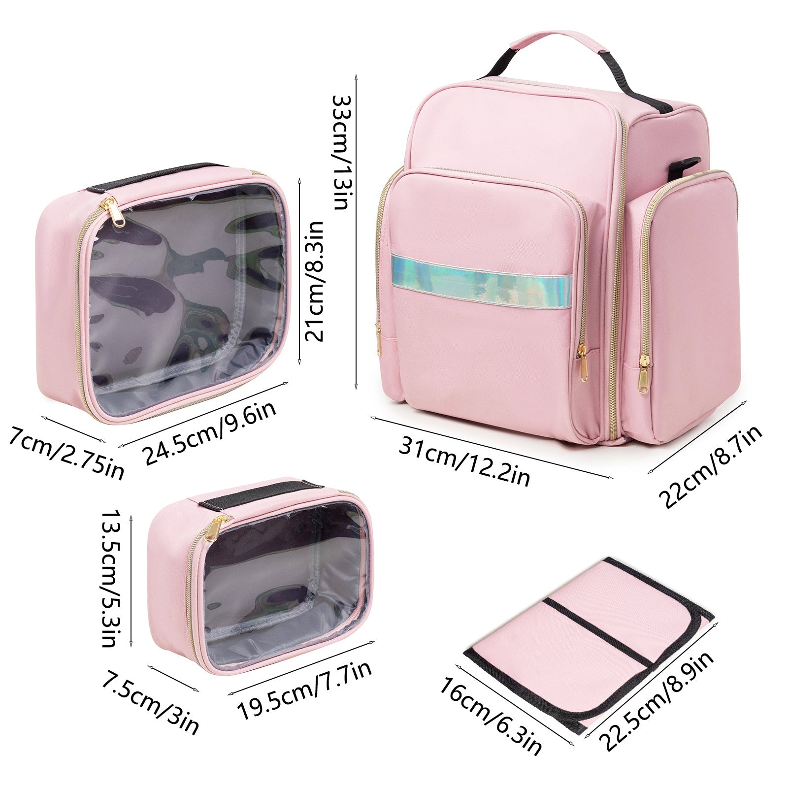 Large Capacity Travel Makeup Backpack with 5 Removable Organizer Cases & Jewelry Roll pink