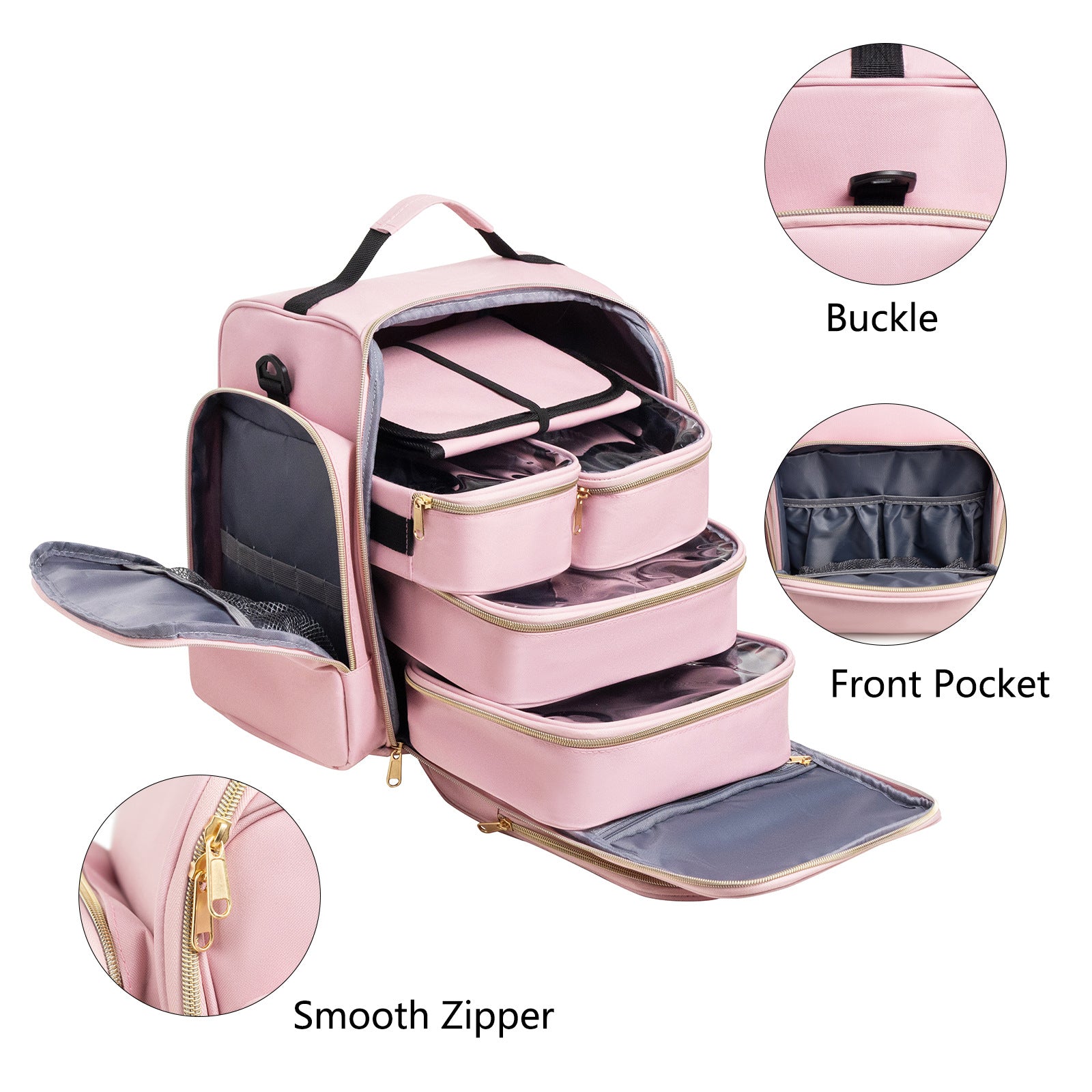 Large Capacity Travel Makeup Backpack with 5 Removable Organizer Cases & Jewelry Roll pink