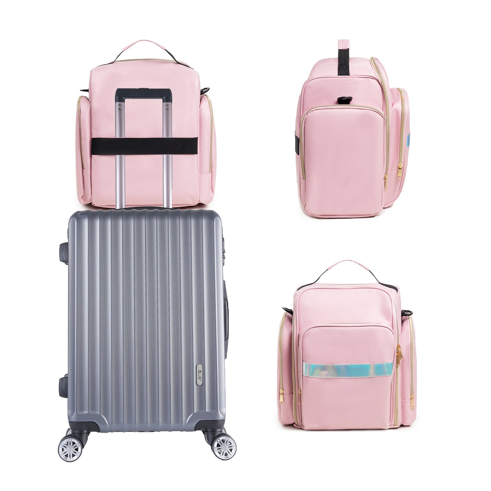 Large Capacity Travel Makeup Backpack with 5 Removable Organizer Cases & Jewelry Roll pink