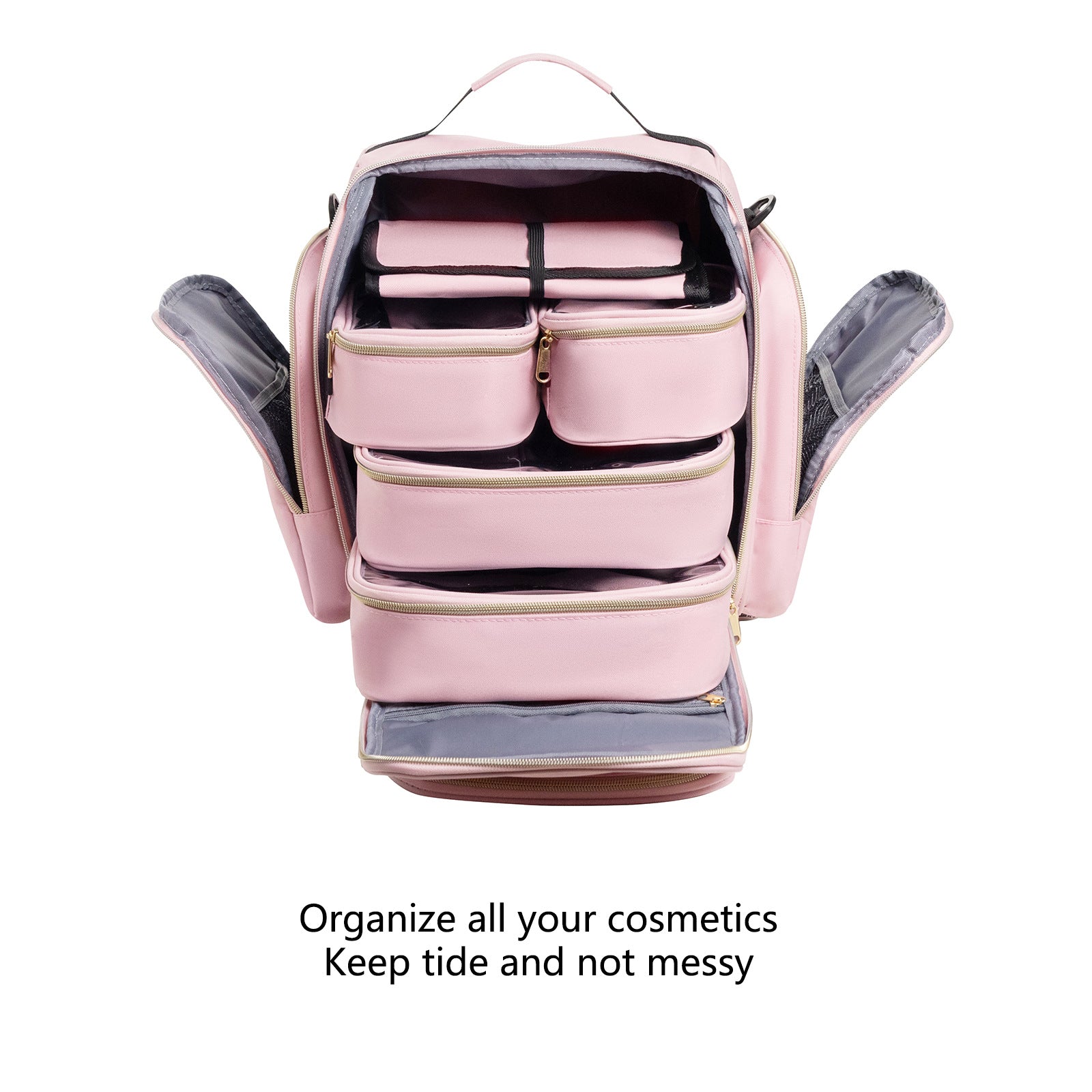 Large Capacity Travel Makeup Backpack with 5 Removable Organizer Cases & Jewelry Roll pink