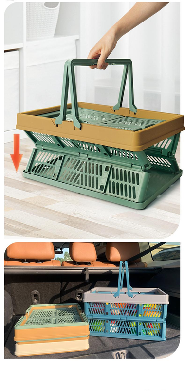 Large Collapsible Storage Basket with Handles - Portable Folding Crate for Shopping, Picnics & Car Trunk blue