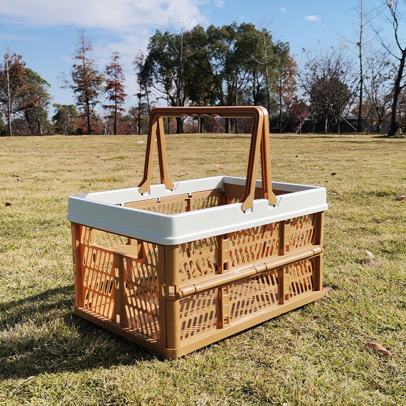 Large Collapsible Storage Basket with Handles - Portable Folding Crate for Shopping, Picnics & Car Trunk Brown