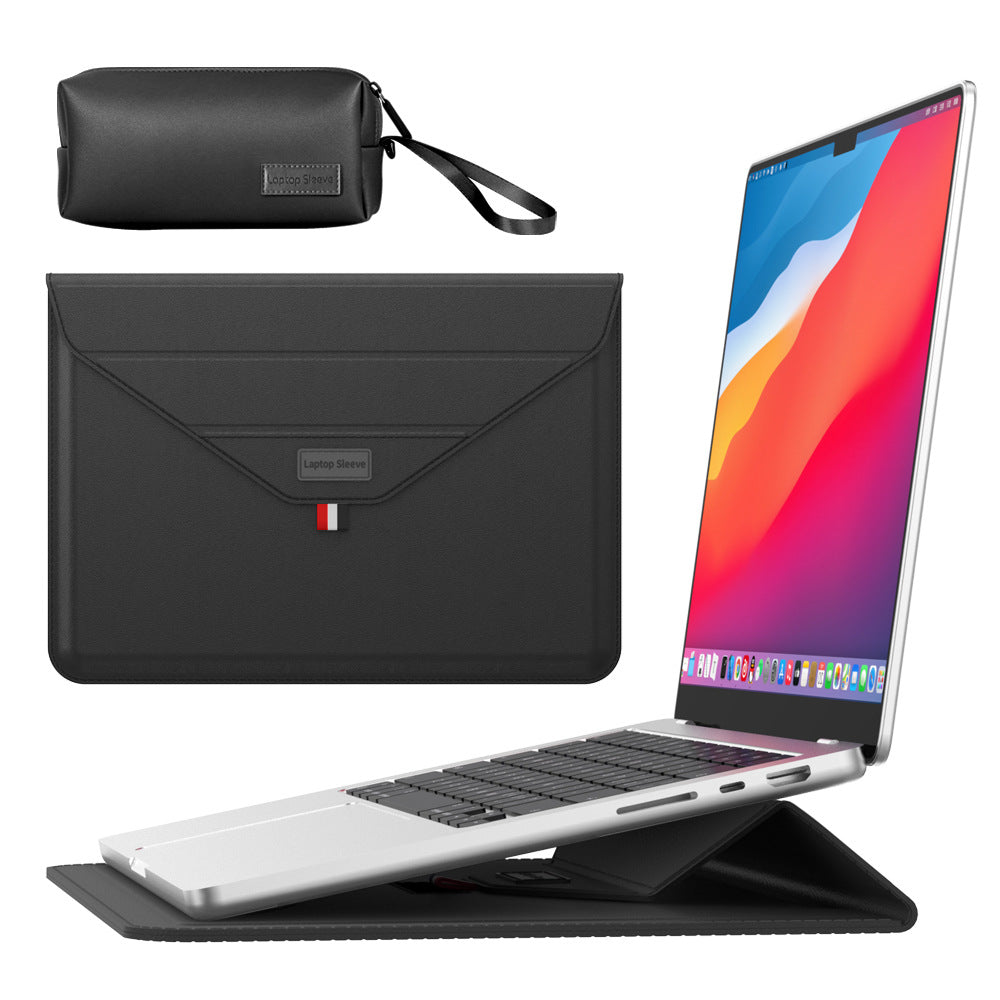 3-in-1 PU Leather Laptop Sleeve with Stand & Mouse Pad + Accessory Pouch black