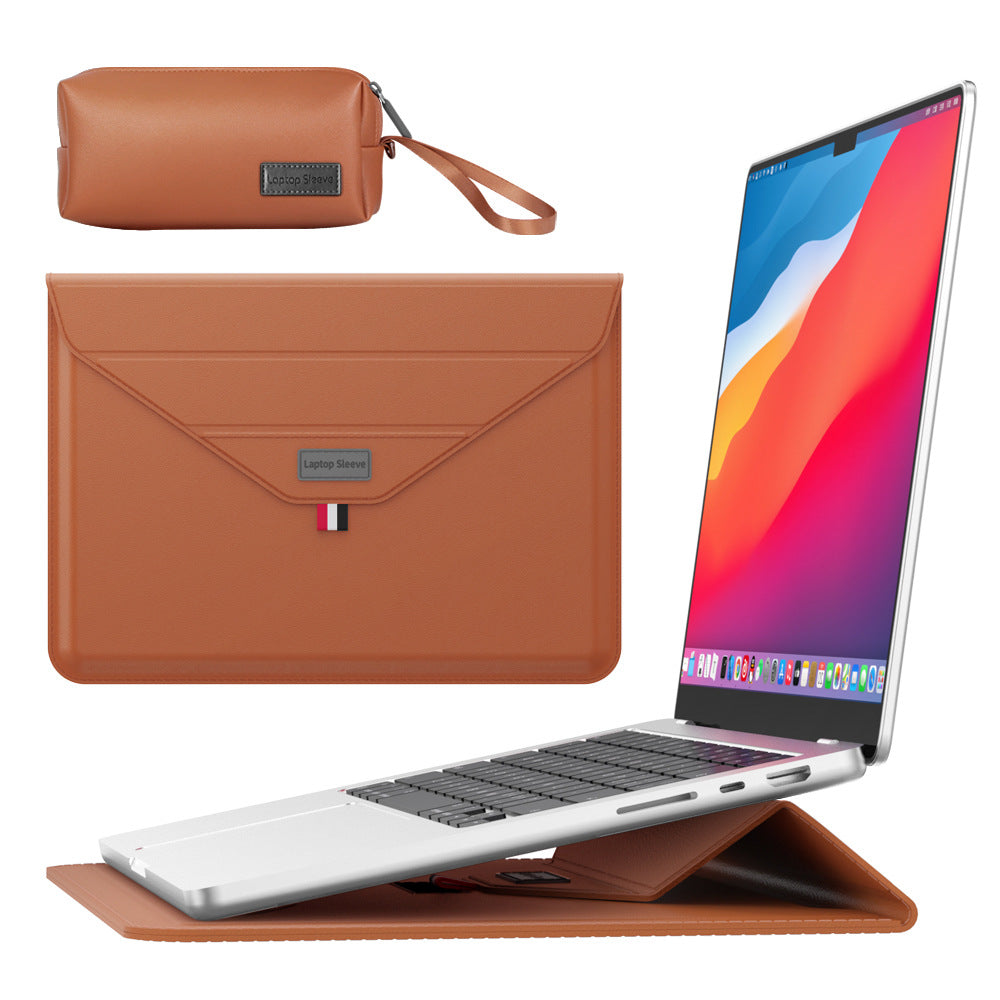 3-in-1 PU Leather Laptop Sleeve with Stand & Mouse Pad + Accessory Pouch Brown
