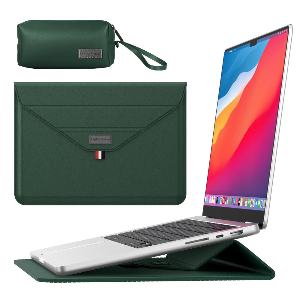 3-in-1 PU Leather Laptop Sleeve with Stand & Mouse Pad + Accessory Pouch Dark Green