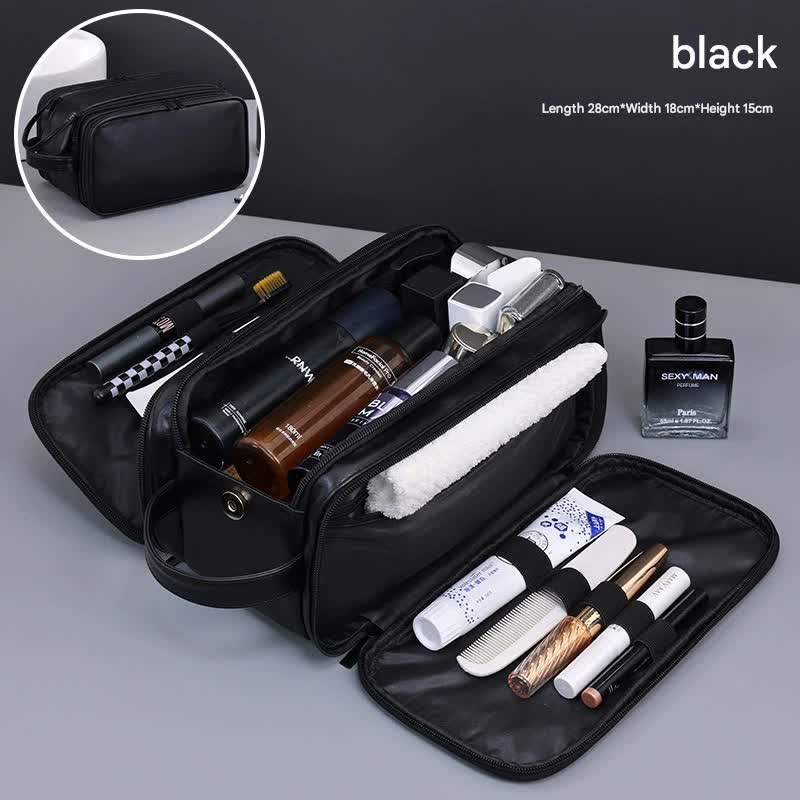 Large Capacity PU Leather Toiletry Bag - Multi-Compartment Dopp Kit & Cosmetic Organizer black