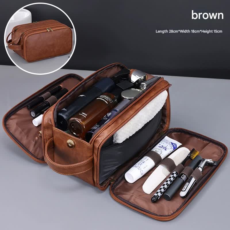 Large Capacity PU Leather Toiletry Bag - Multi-Compartment Dopp Kit & Cosmetic Organizer Brown