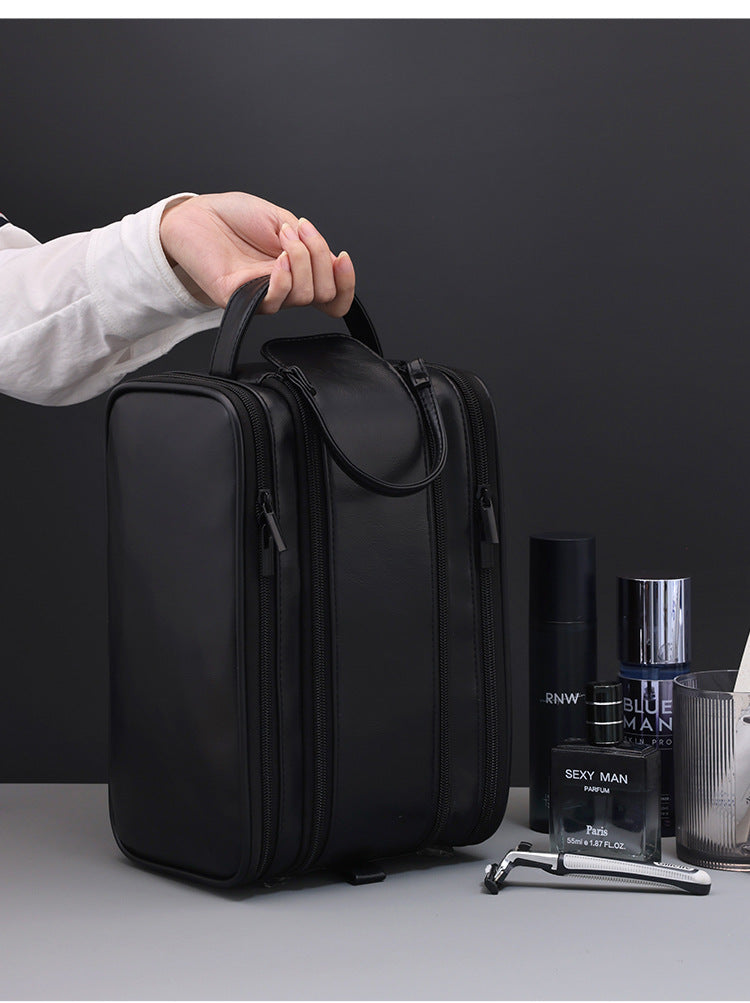 Large Capacity PU Leather Toiletry Bag - Multi-Compartment Dopp Kit & Cosmetic Organizer Brown