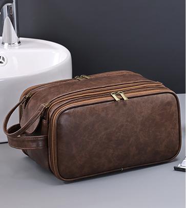 Large Capacity PU Leather Toiletry Bag - Multi-Compartment Dopp Kit & Cosmetic Organizer Tan