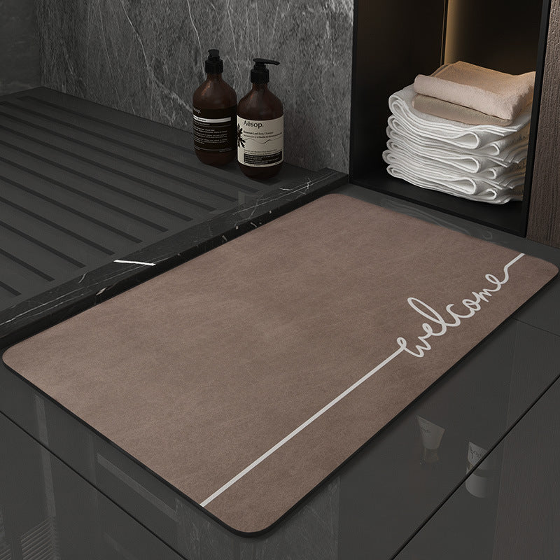 Super Absorbent Quick-Dry Diatomite Bath Mat - Non-Slip Suede Finish Bathroom Floor Mat Letter Brown