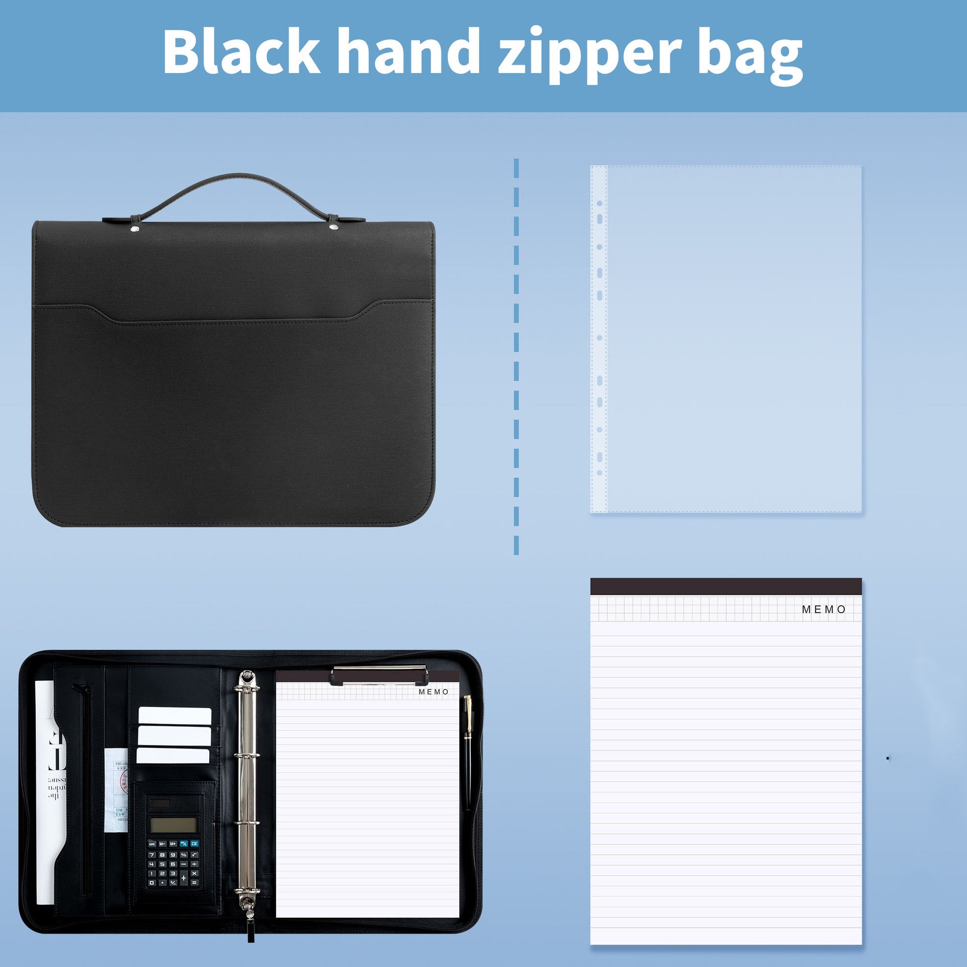 Professional PU Leather A4 Portfolio Binder with Zipper, Handle, Calculator & Clipboard black