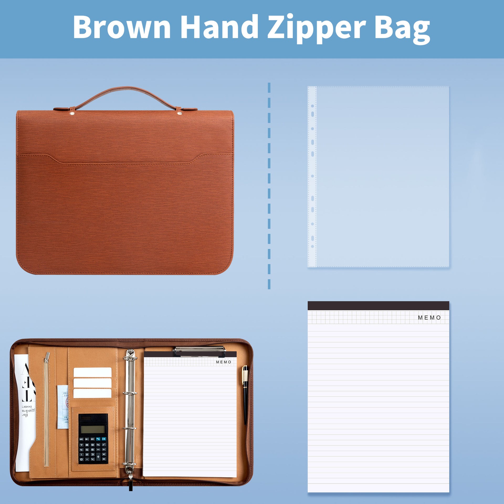 Professional PU Leather A4 Portfolio Binder with Zipper, Handle, Calculator & Clipboard brown