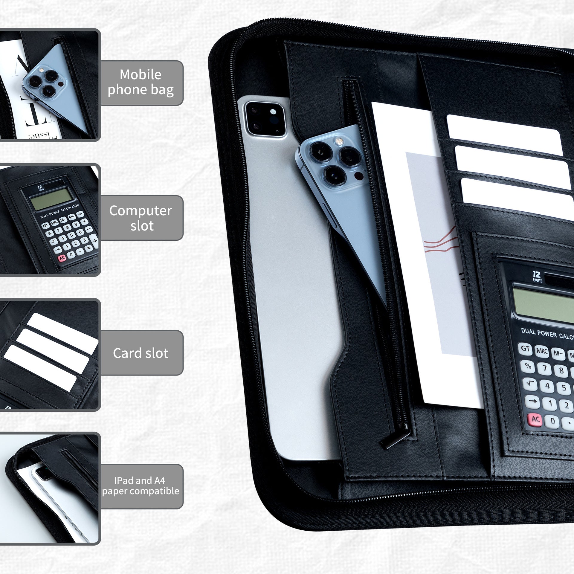 Professional PU Leather A4 Portfolio Binder with Zipper, Handle, Calculator & Clipboard brown