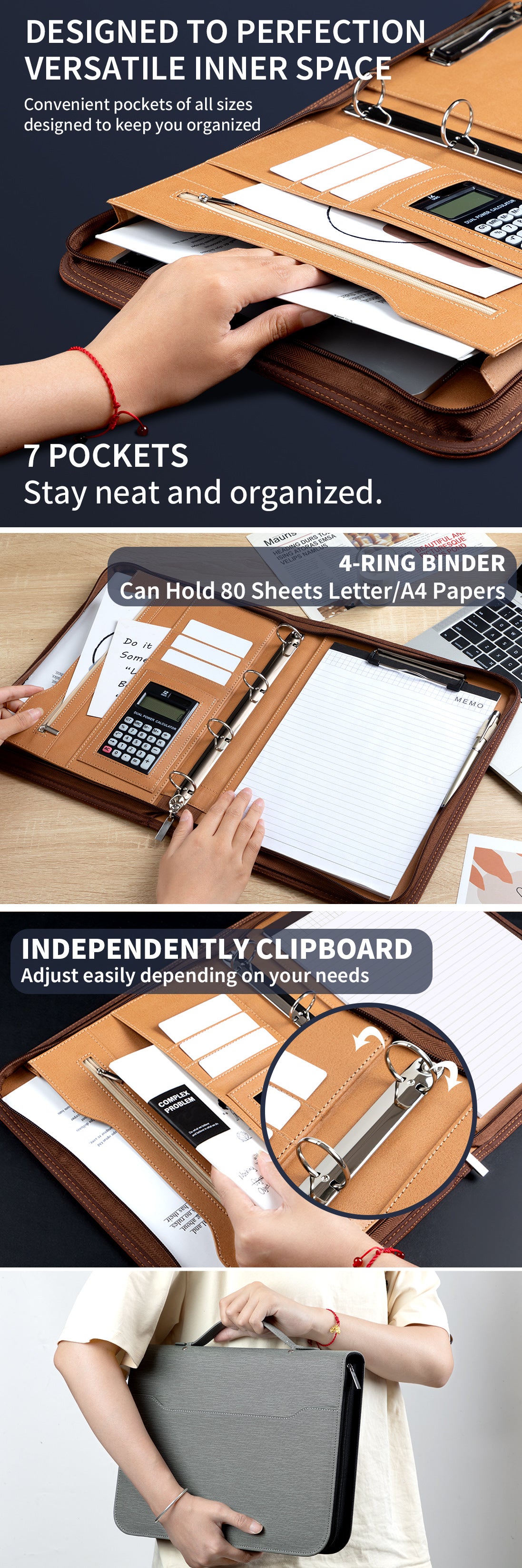 Professional PU Leather A4 Portfolio Binder with Zipper, Handle, Calculator & Clipboard brown
