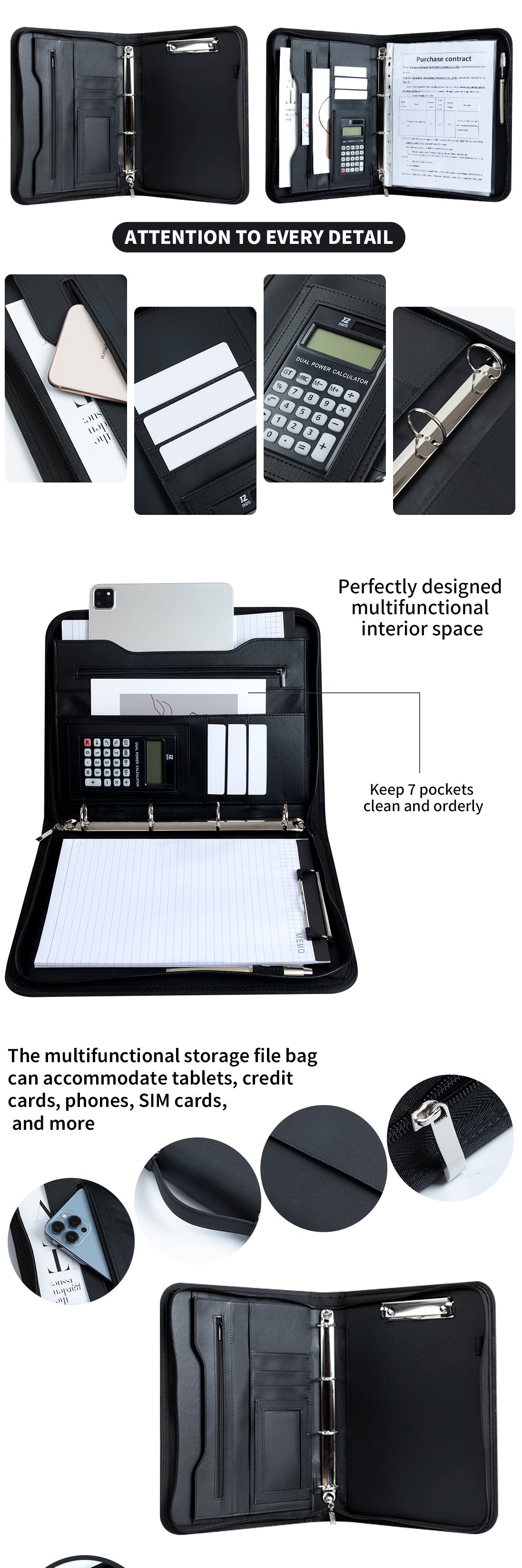 Professional PU Leather A4 Portfolio Binder with Zipper, Handle, Calculator & Clipboard grey