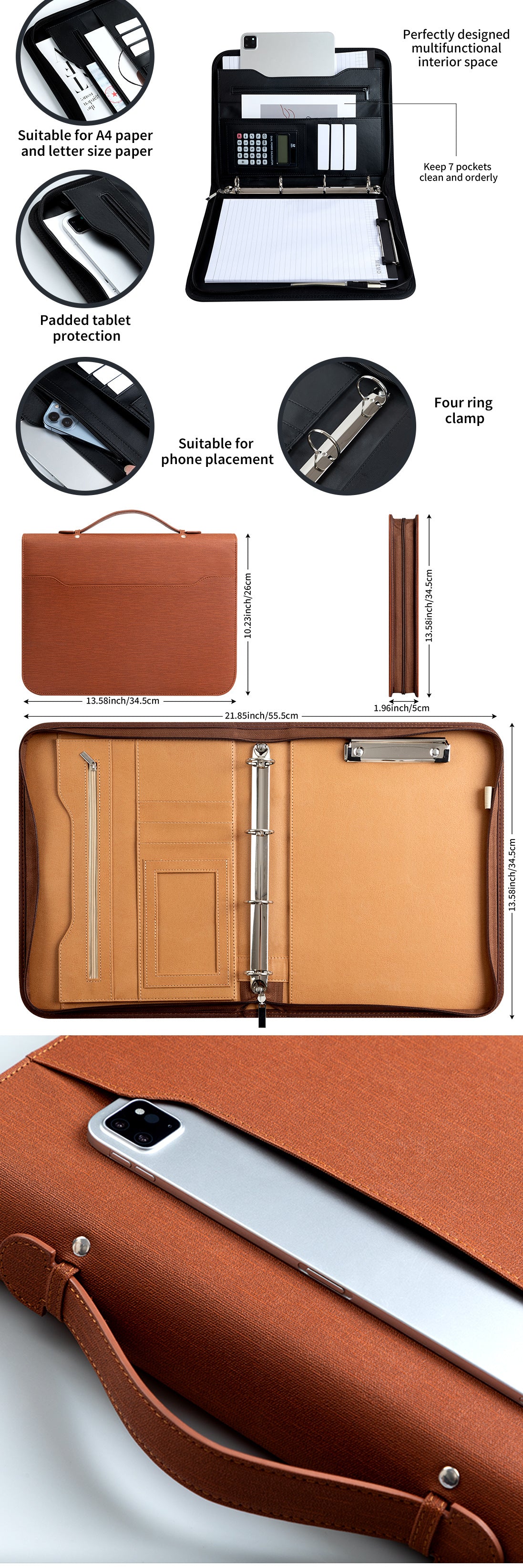 Professional PU Leather A4 Portfolio Binder with Zipper, Handle, Calculator & Clipboard grey
