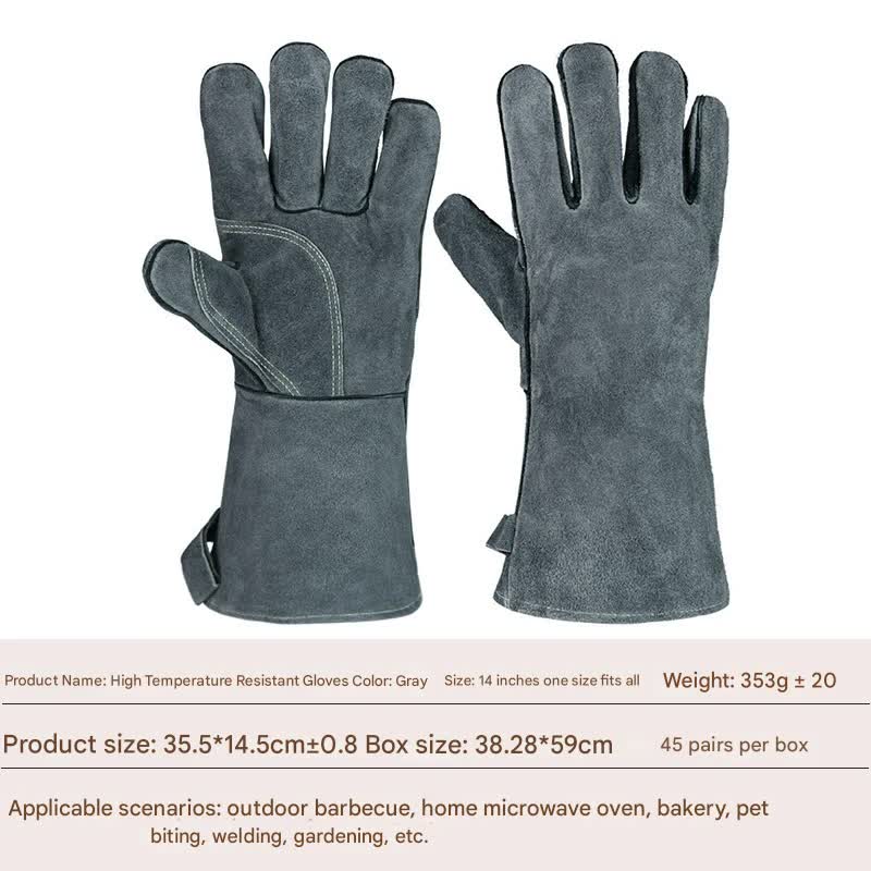 Heavy-Duty Leather Heat Resistant Gloves - 500°C BBQ, Welding & Oven Mitts with Long Cuffs grey