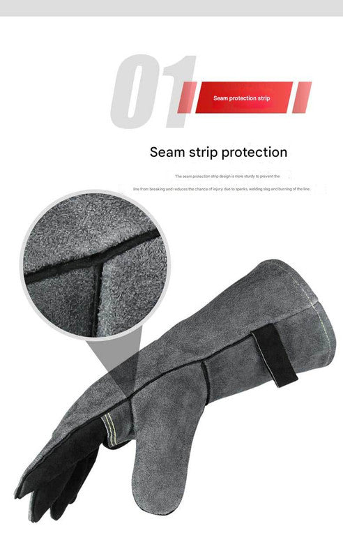 Heavy-Duty Leather Heat Resistant Gloves - 500°C BBQ, Welding & Oven Mitts with Long Cuffs black and grey