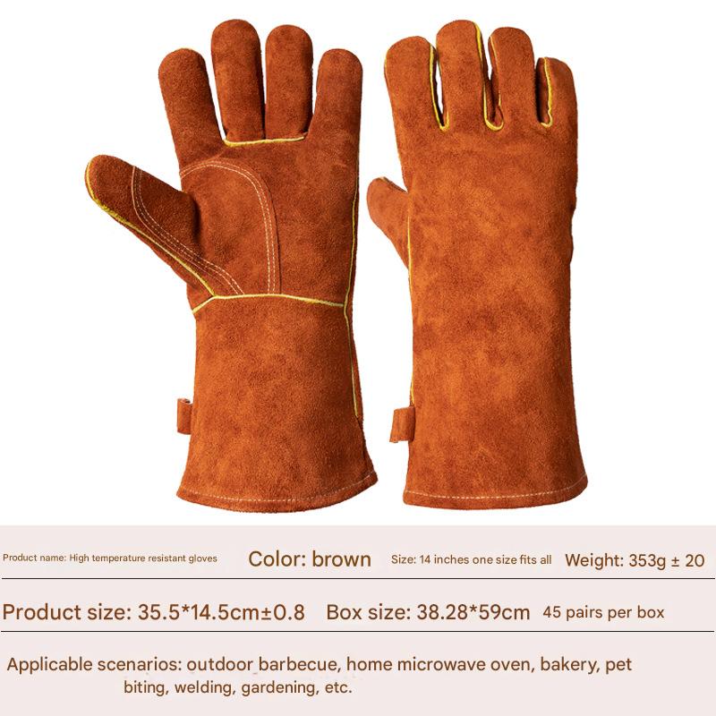 Heavy-Duty Leather Heat Resistant Gloves - 500°C BBQ, Welding & Oven Mitts with Long Cuffs brown