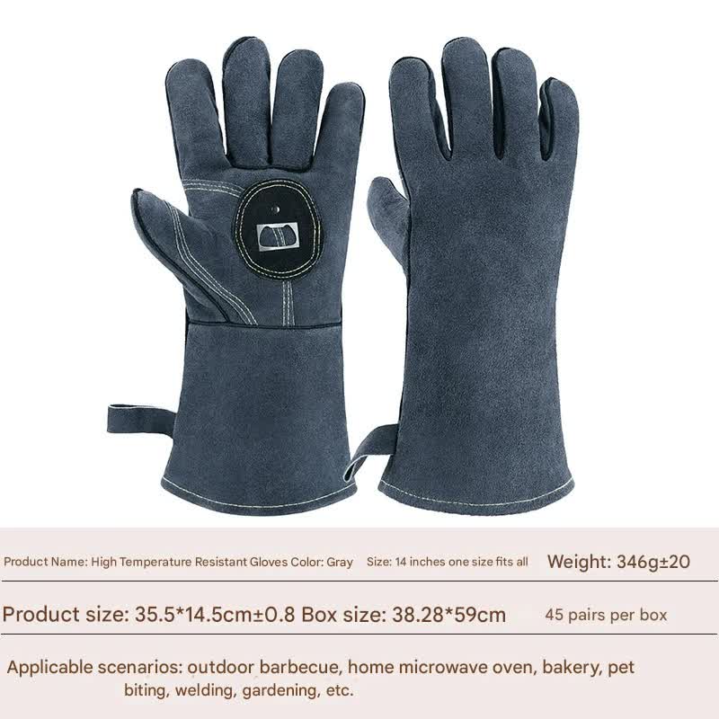 Heavy-Duty Leather Heat Resistant Gloves - 500°C BBQ, Welding & Oven Mitts with Long Cuffs Grey With bottle opener
