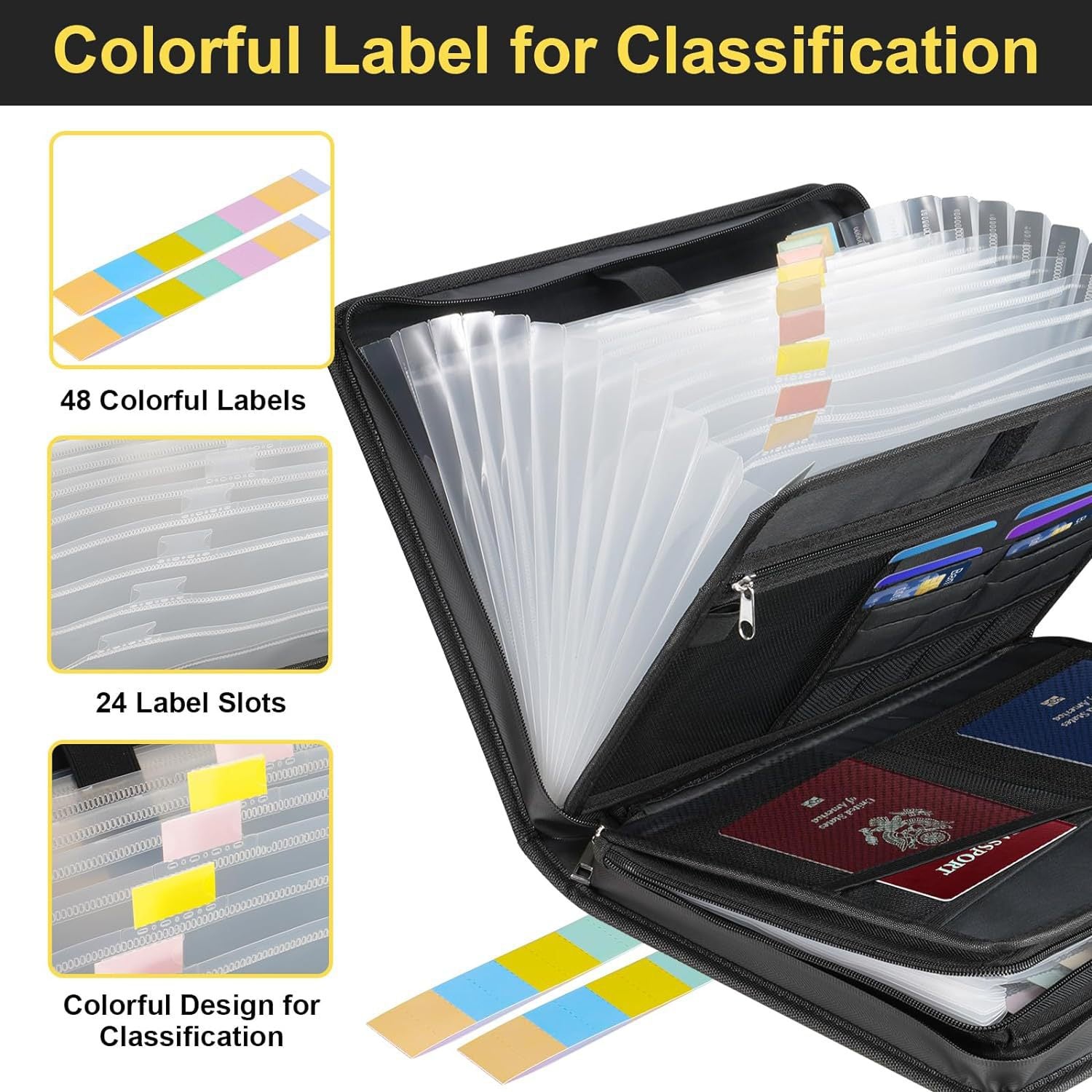 Fireproof & Waterproof Expanding File Folder Organizer with Zipper - Large Capacity Document Safe Bag Black with handle model