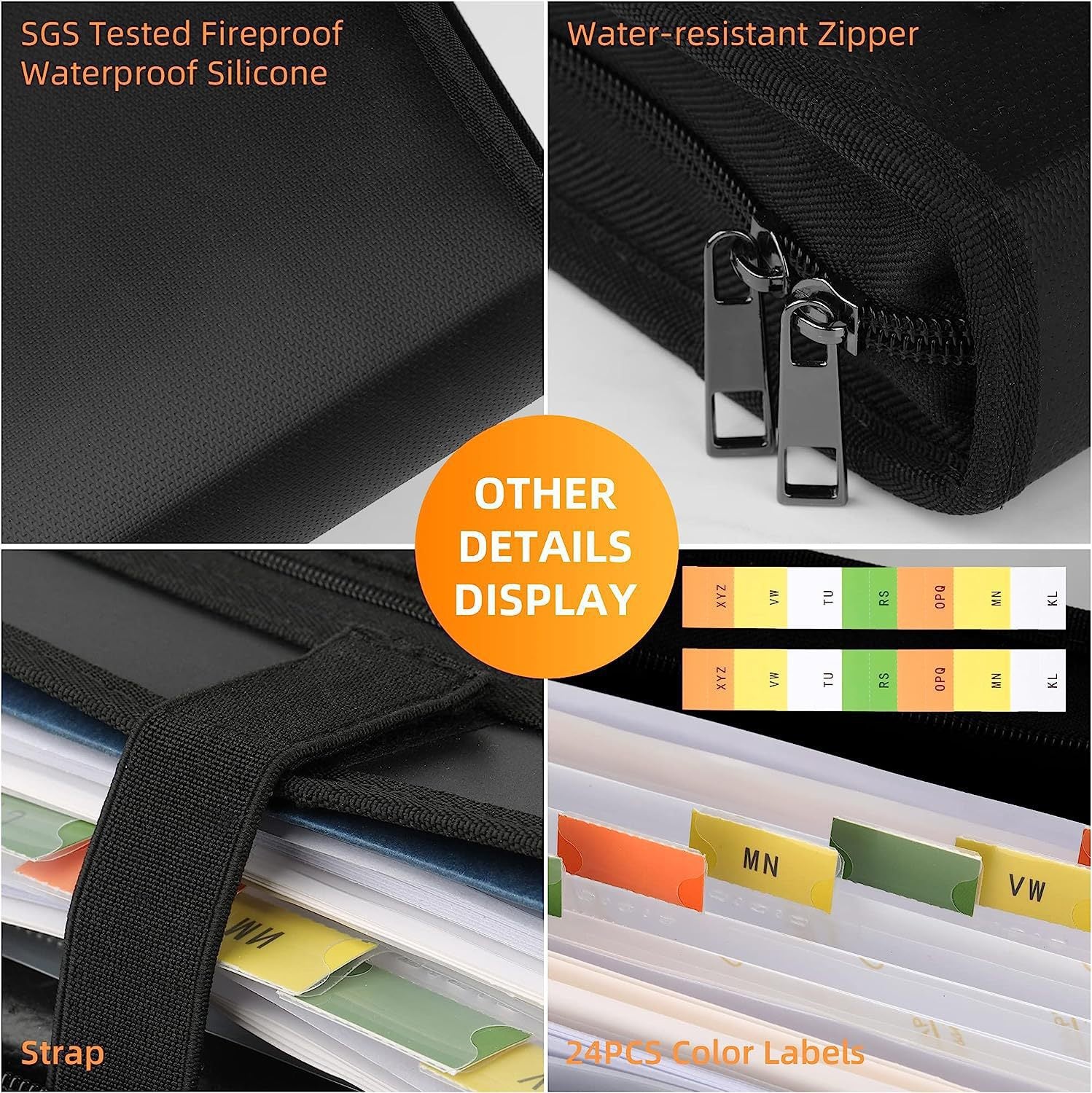 Fireproof & Waterproof Expanding File Folder Organizer with Zipper - Large Capacity Document Safe Bag Black with handle model