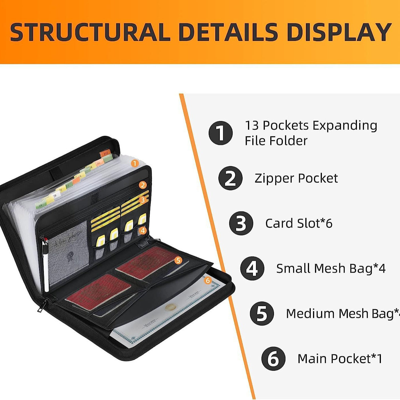 Fireproof & Waterproof Expanding File Folder Organizer with Zipper - Large Capacity Document Safe Bag Black with handle model