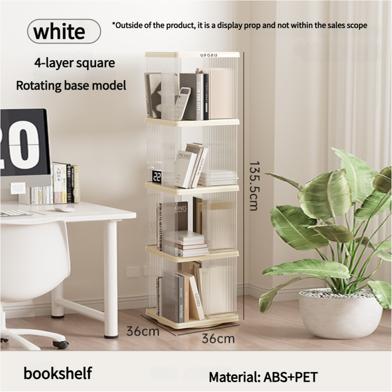 Rotating storage bookshelf square four layers- Cream White Multi-Layer Storage Rack, 36x36x135.5cm ABS+PET