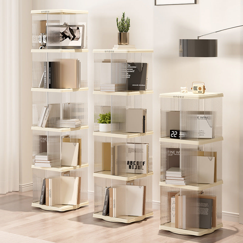 Rotating storage bookshelf square four layers- Cream White Multi-Layer Storage Rack, 36x36x135.5cm ABS+PET