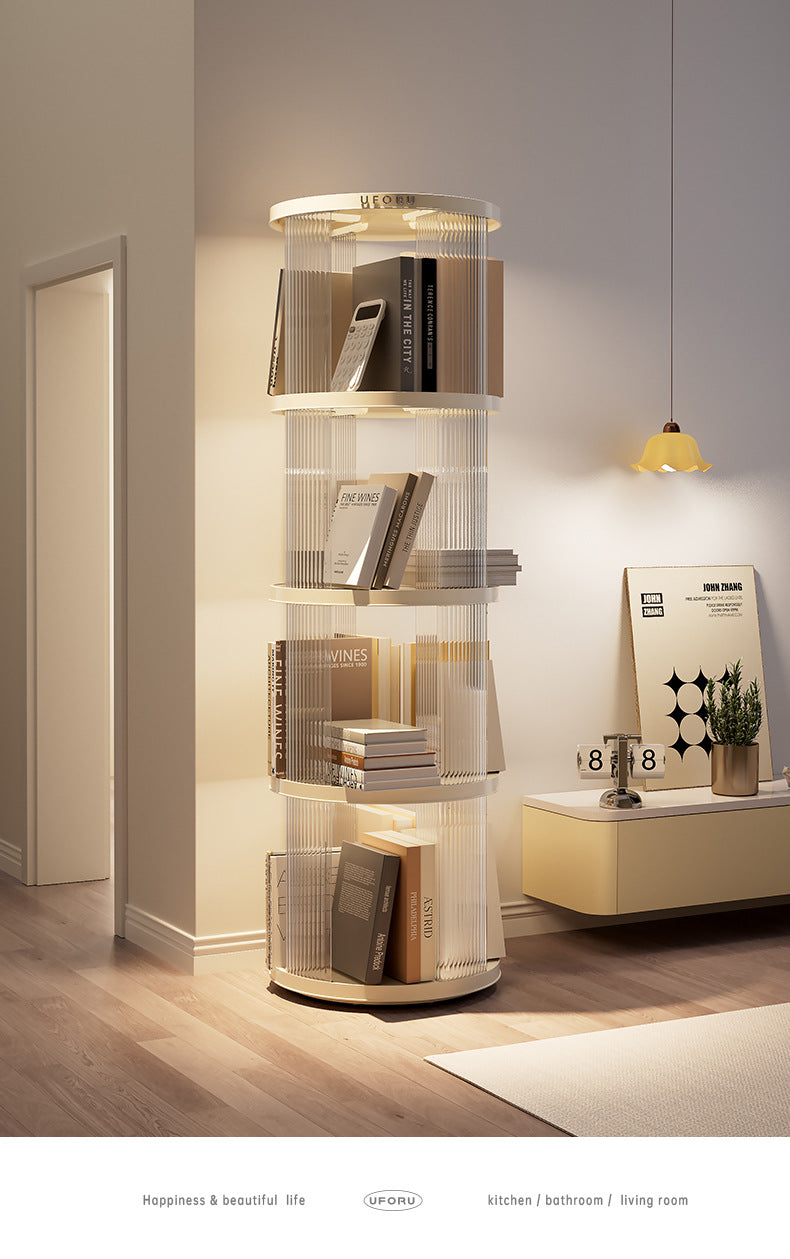 Rotating circular bookshelf with four layers- Cream White Multi-Layer Storage Rack, 40.5x40.5x135.5cm ABS+PET
