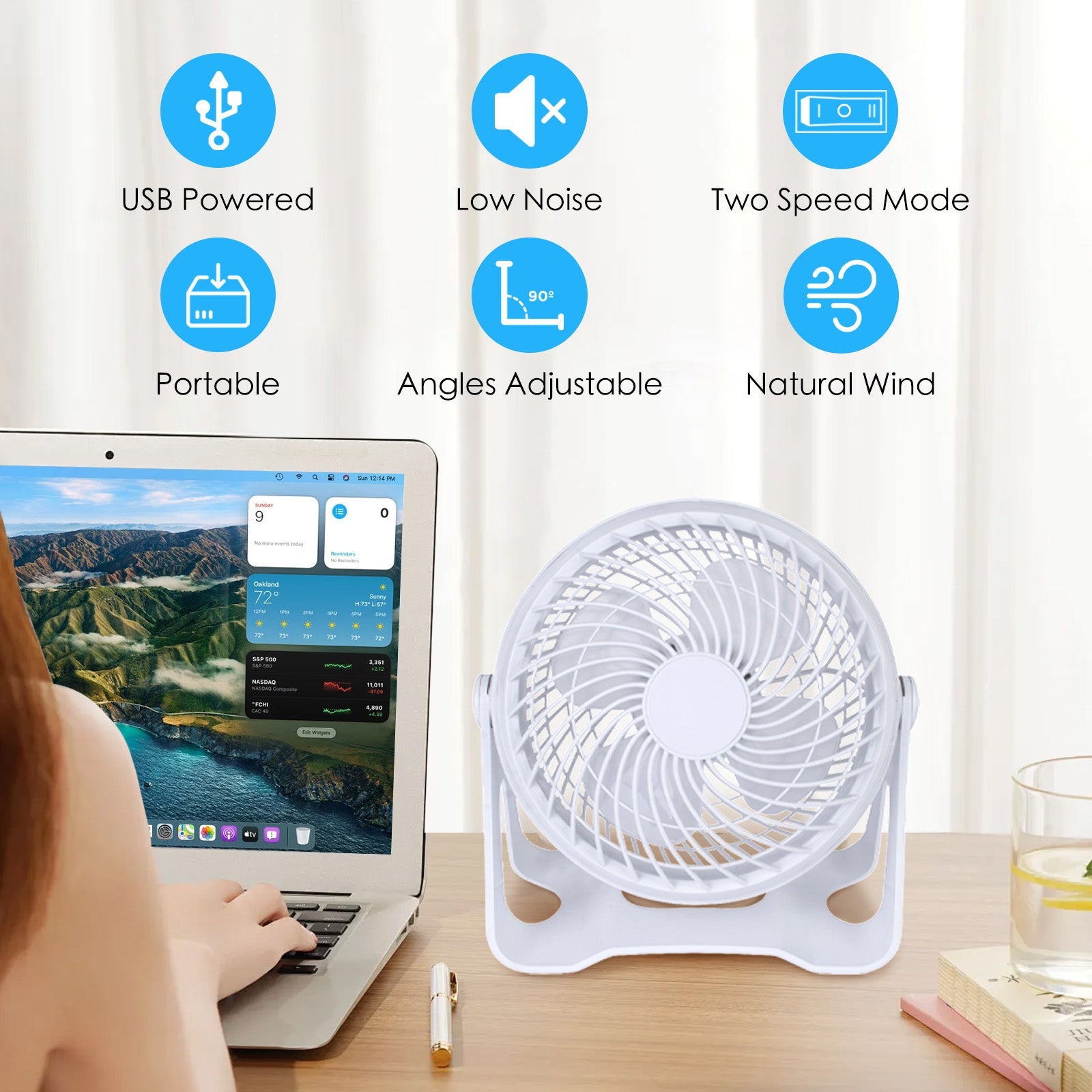 USB Powered Desk Fan – Portable 2-Speed Adjustable Angle Cooling Fan White