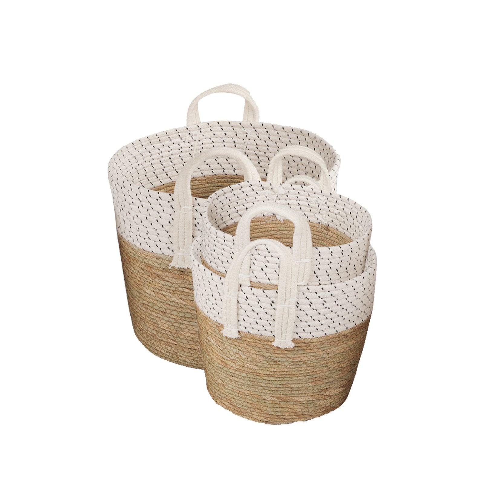 3 Piece Cotton Rope Stripe Carry Handles Storage Baskets Set