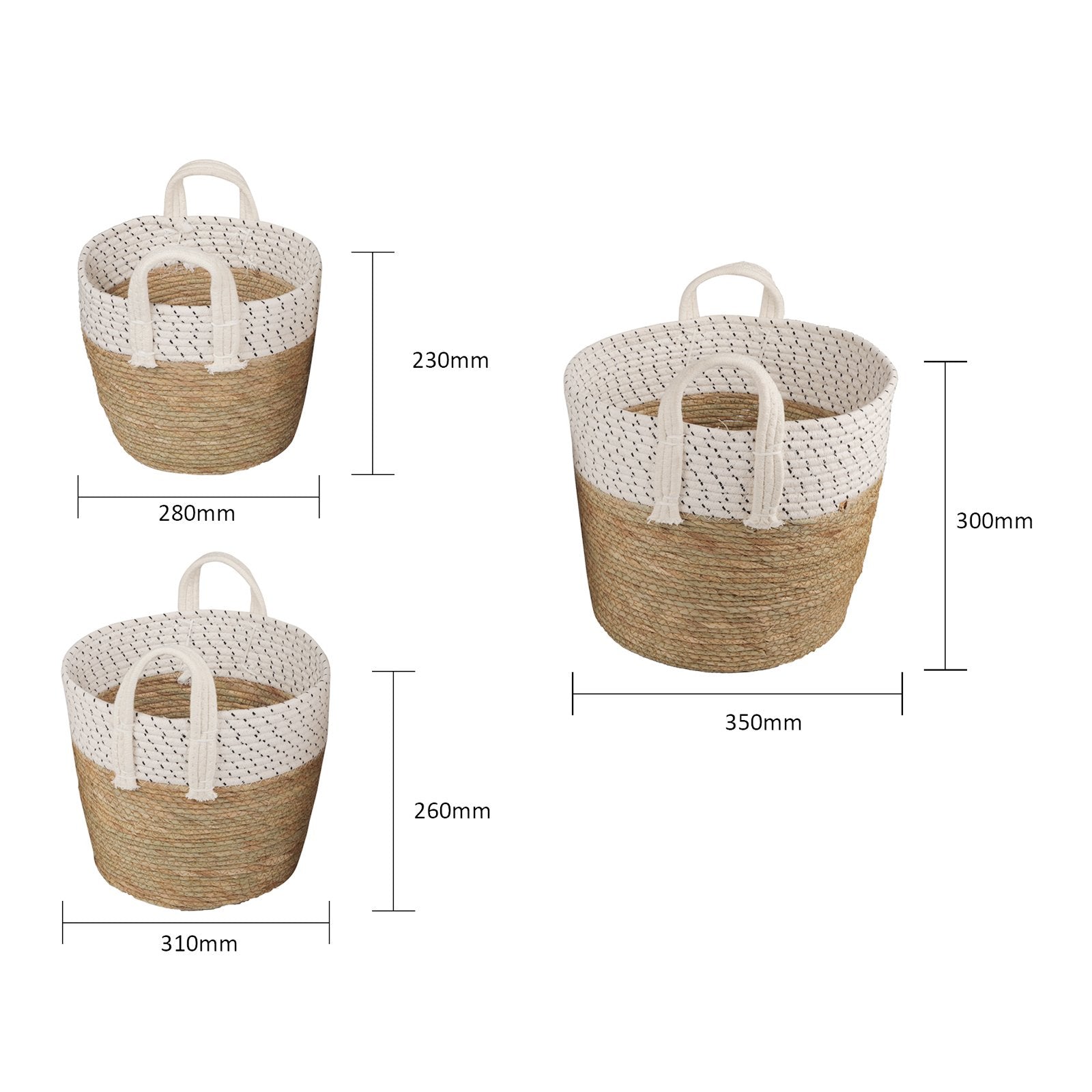 3 Piece Cotton Rope Stripe Carry Handles Storage Baskets Set