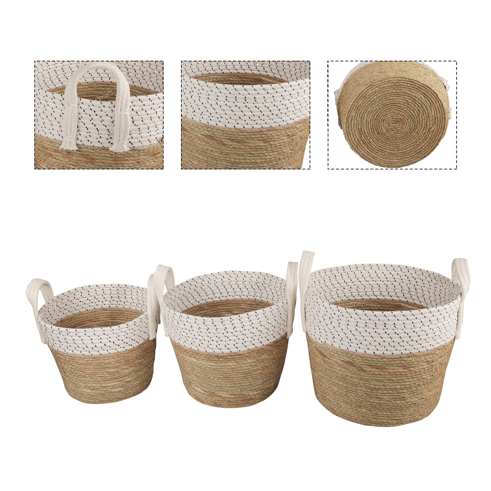 3 Piece Cotton Rope Stripe Carry Handles Storage Baskets Set