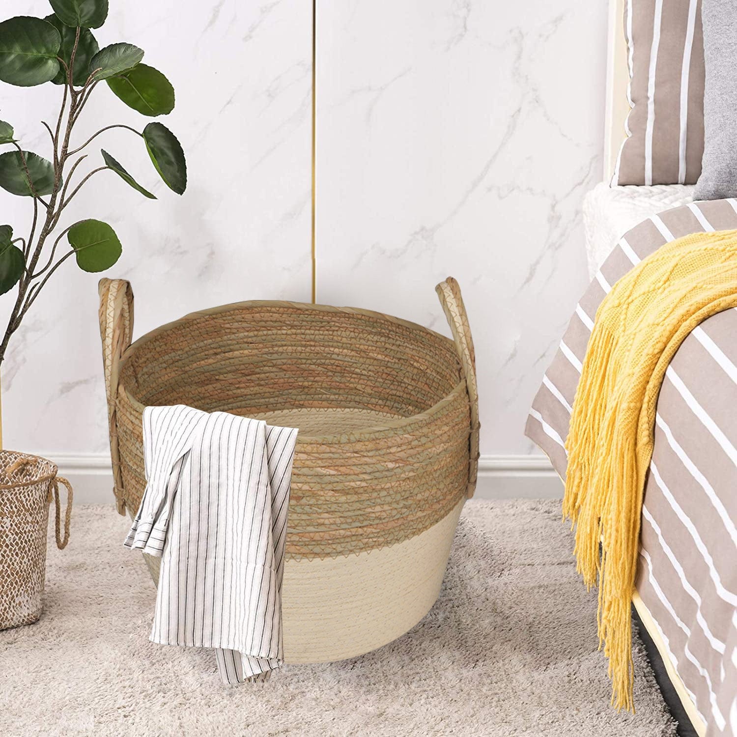 3 Piece Cotton Rope Stripe Carry Handles Storage Baskets Set