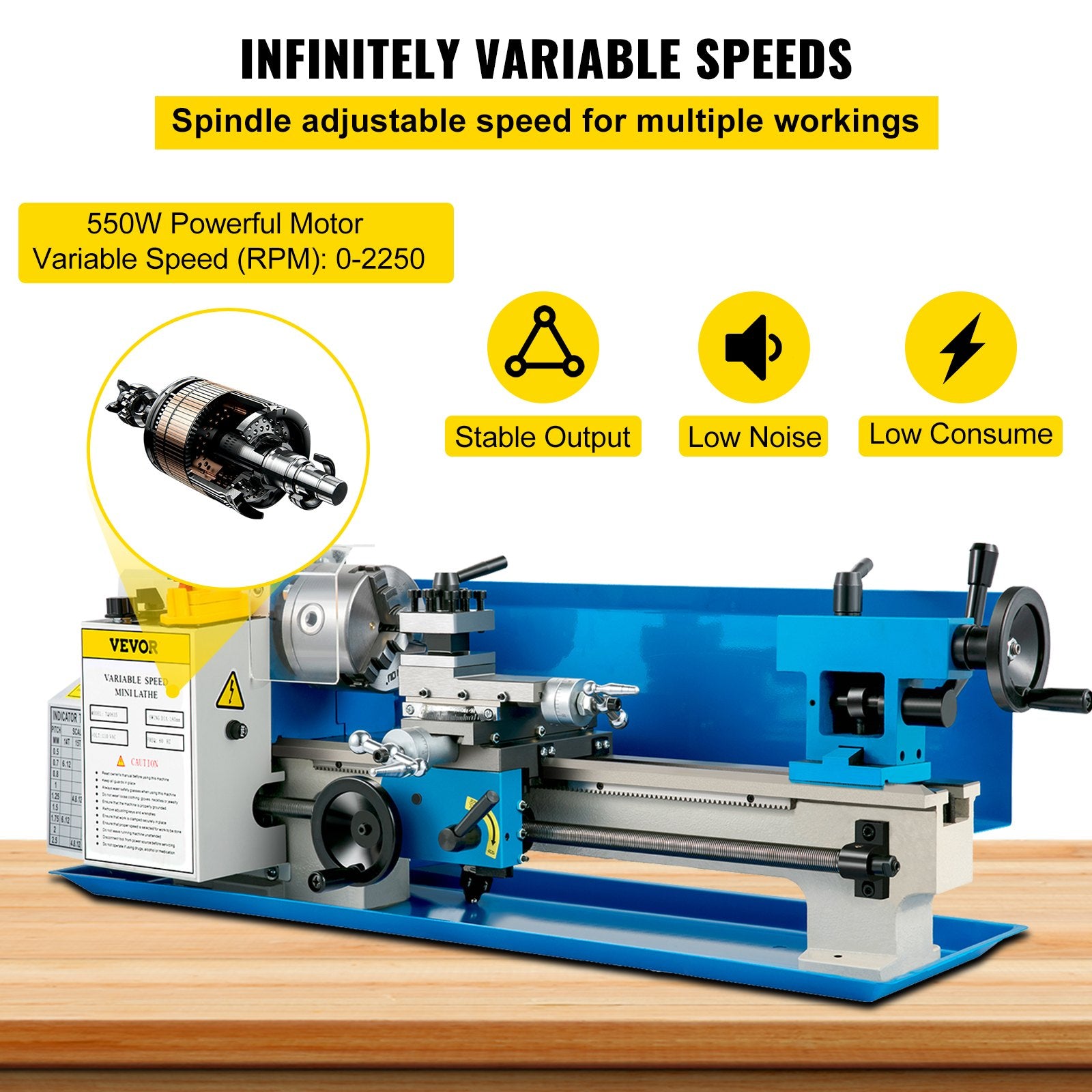 VEVOR Metal Lathe 7'' x 14'', Mini Metal Lathe 0-2500 RPM Variable Speed,Mini Lathe with 4\" 3-jaw Chuck,Bench Top Metal Lathe, Benchtop Lathe, for Various Types of Metal Turning