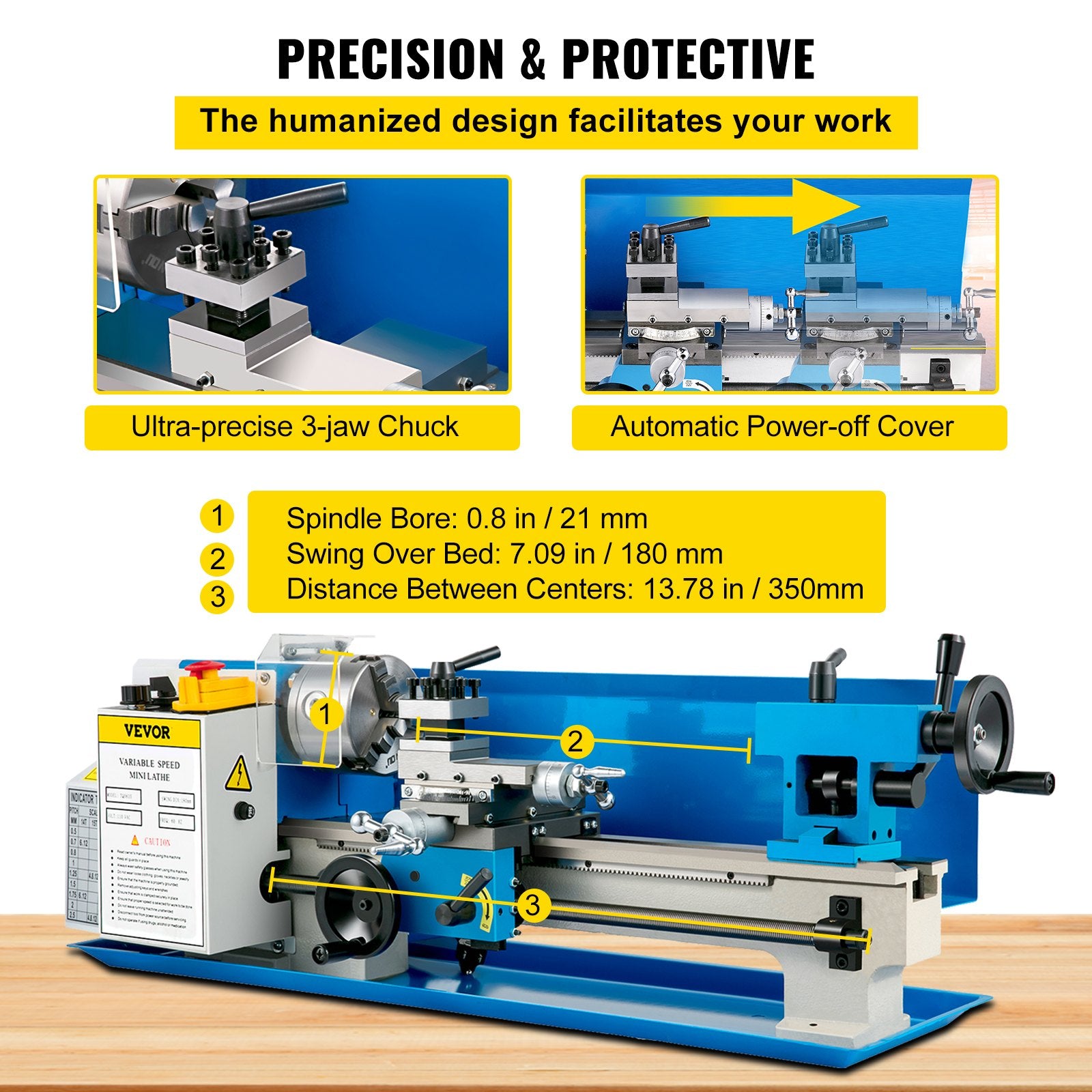 VEVOR Metal Lathe 7'' x 14'', Mini Metal Lathe 0-2500 RPM Variable Speed,Mini Lathe with 4\" 3-jaw Chuck,Bench Top Metal Lathe, Benchtop Lathe, for Various Types of Metal Turning