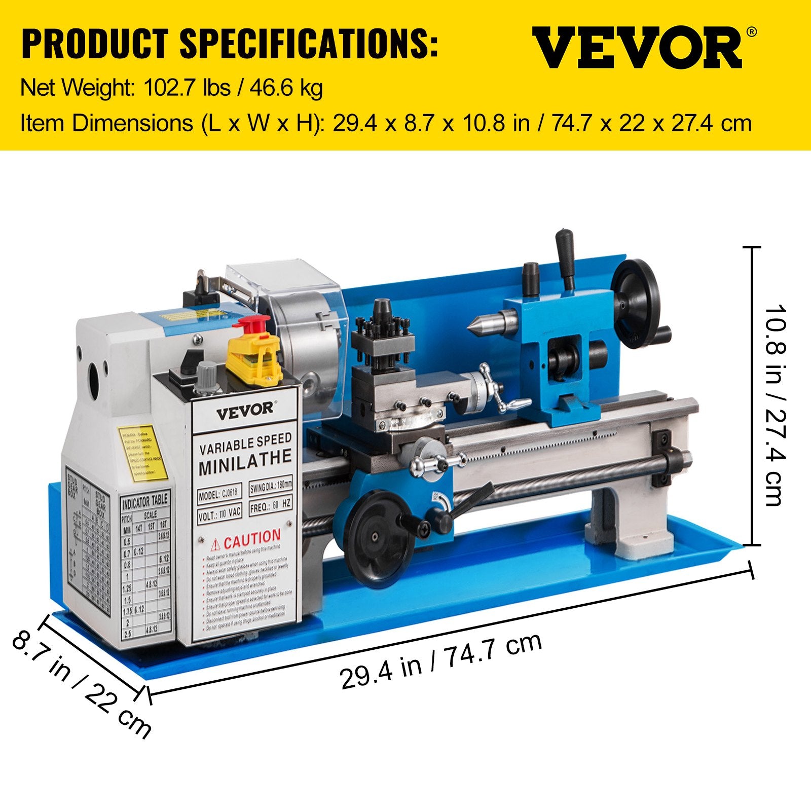 VEVOR Metal Lathe 7'' x 14'', Mini Metal Lathe 0-2500 RPM Variable Speed,Mini Lathe with 4\" 3-jaw Chuck,Bench Top Metal Lathe, Benchtop Lathe, for Various Types of Metal Turning