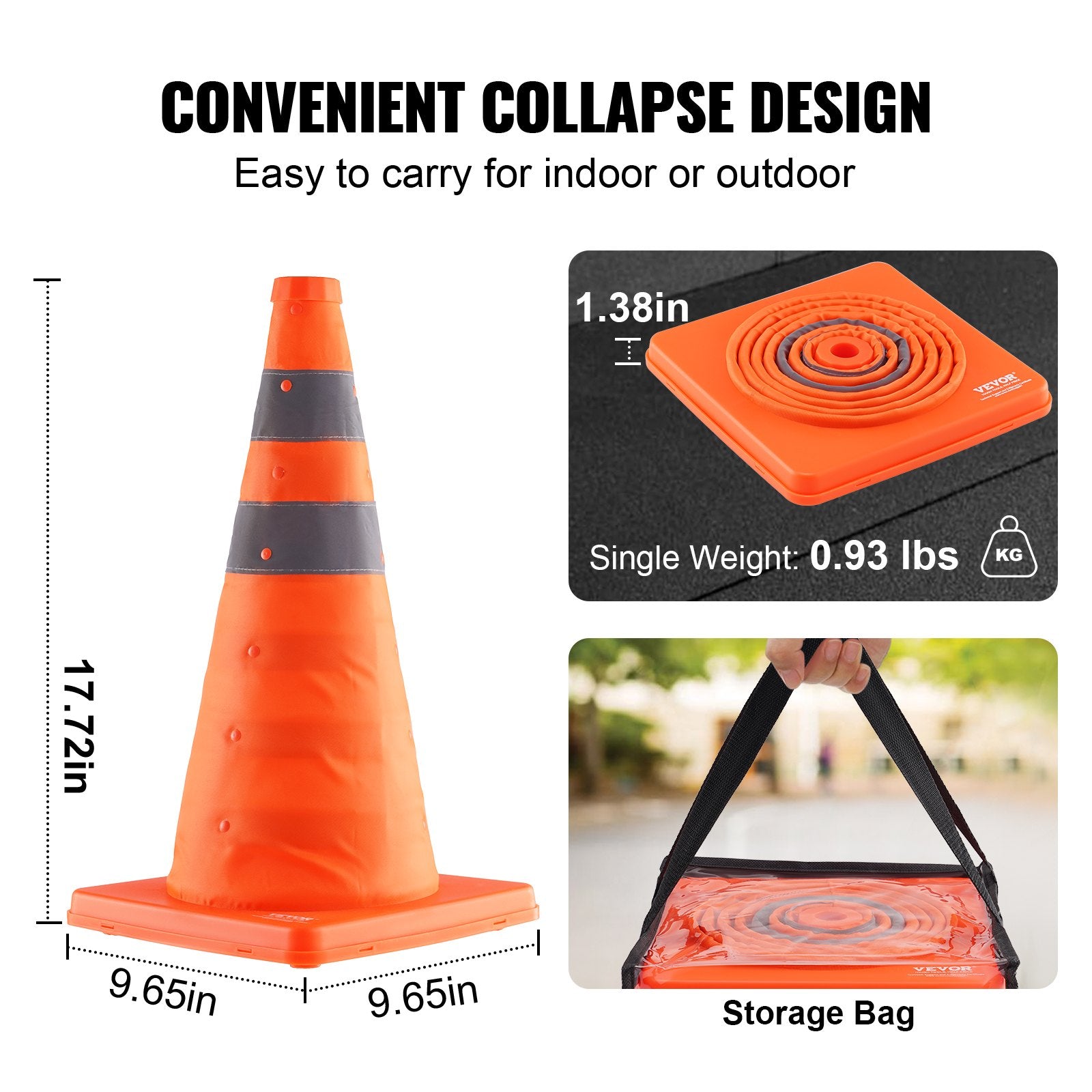 VEVOR Safety Cones, 4 Pack 18 inch Collapsible Traffic Cones, Construction Cones with Reflective Collars, Wide Base and A Storage Bag, for Traffic Control, Driving Training, Parking Lots