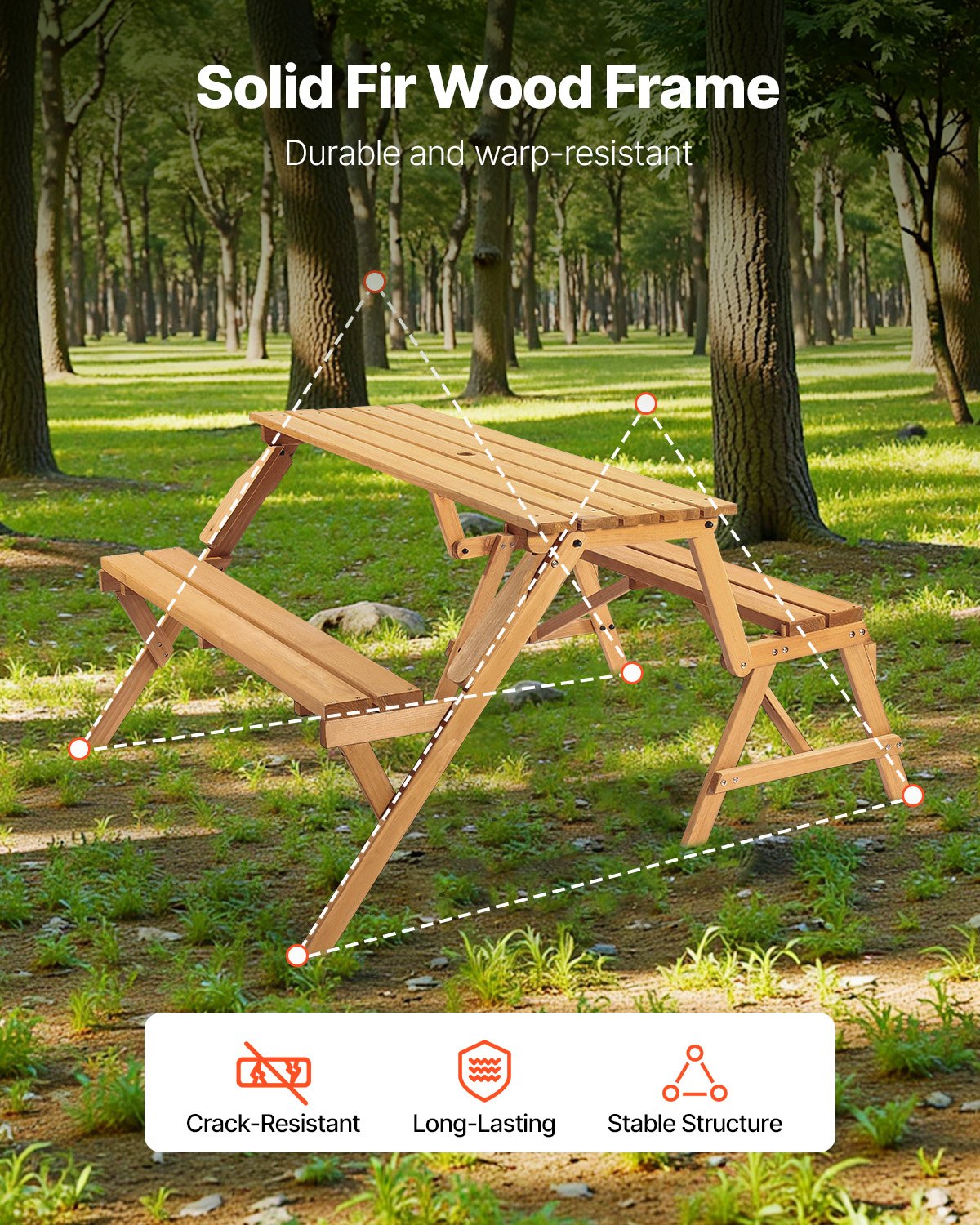 VEVOR 2-in-1 Transforming Interchangeable Picnic Table, Outdoor Wooden Table and Bench Set, Portable Foldable Bench with Umbrella Hole, Patio Dining Furniture for Garden, Backyard, Porch Brown