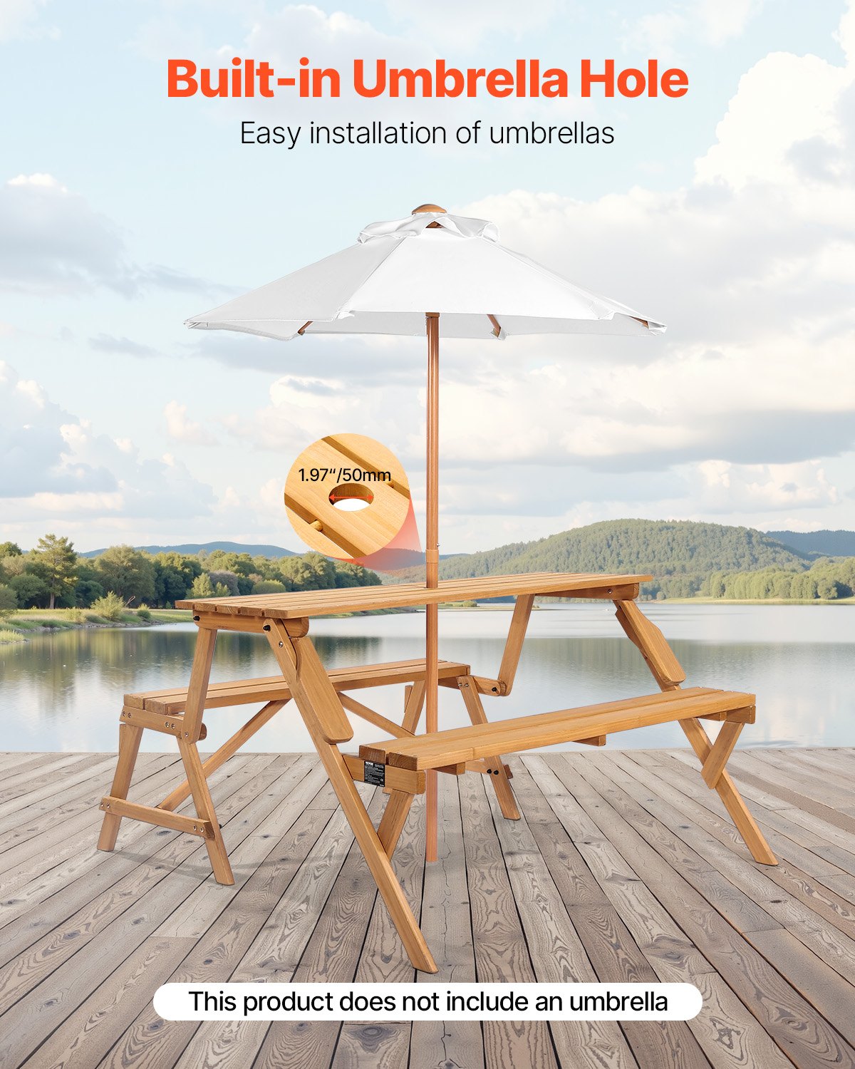 VEVOR 2-in-1 Transforming Interchangeable Picnic Table, Outdoor Wooden Table and Bench Set, Portable Foldable Bench with Umbrella Hole, Patio Dining Furniture for Garden, Backyard, Porch Brown