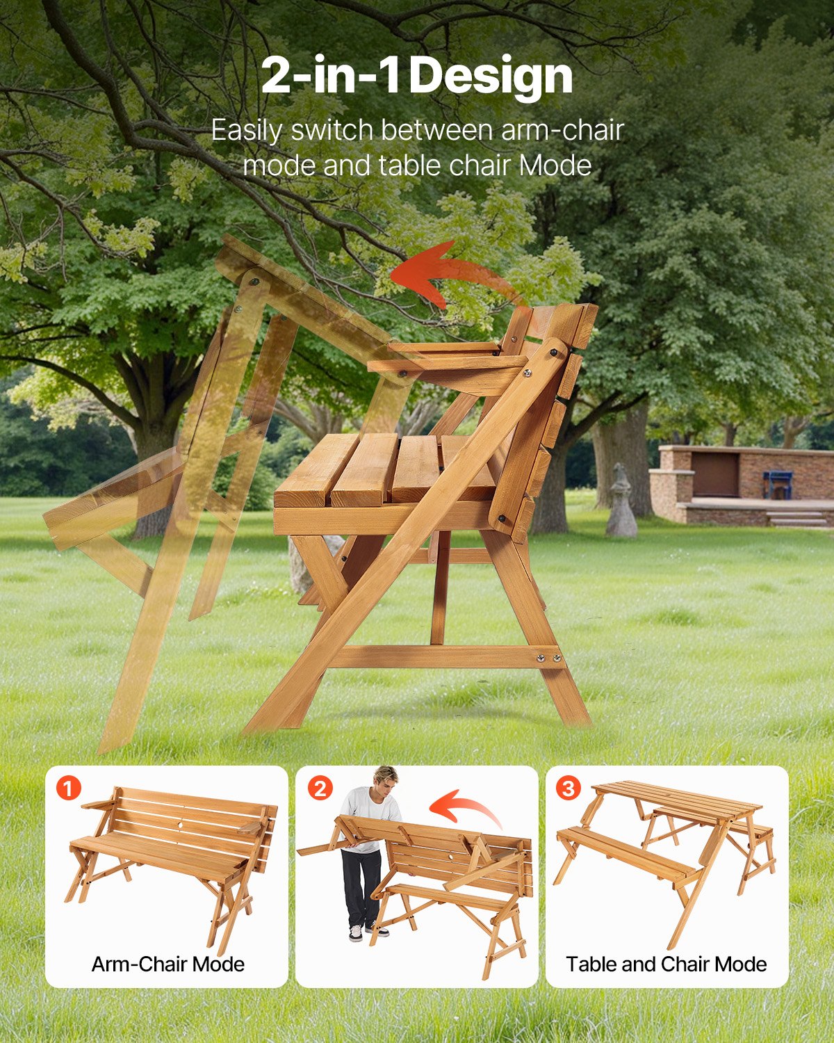 VEVOR 2-in-1 Transforming Interchangeable Picnic Table, Outdoor Wooden Table and Bench Set, Portable Foldable Bench with Umbrella Hole, Patio Dining Furniture for Garden, Backyard, Porch Brown