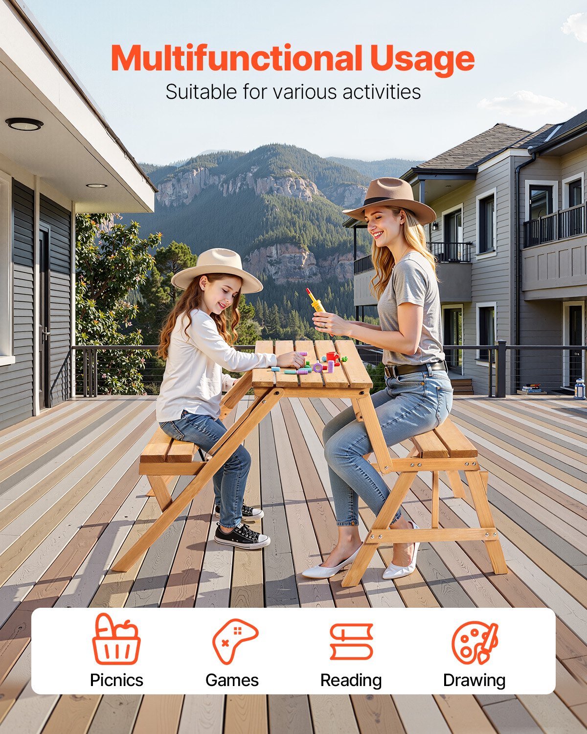 VEVOR 2-in-1 Transforming Interchangeable Picnic Table, Outdoor Wooden Table and Bench Set, Portable Foldable Bench with Umbrella Hole, Patio Dining Furniture for Garden, Backyard, Porch Brown