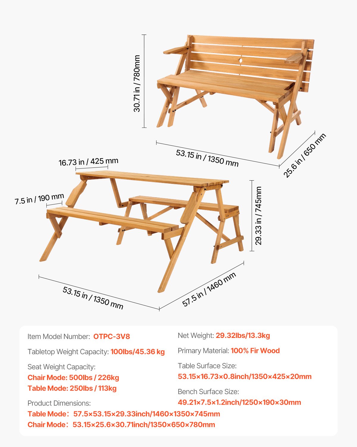 VEVOR 2-in-1 Transforming Interchangeable Picnic Table, Outdoor Wooden Table and Bench Set, Portable Foldable Bench with Umbrella Hole, Patio Dining Furniture for Garden, Backyard, Porch Brown