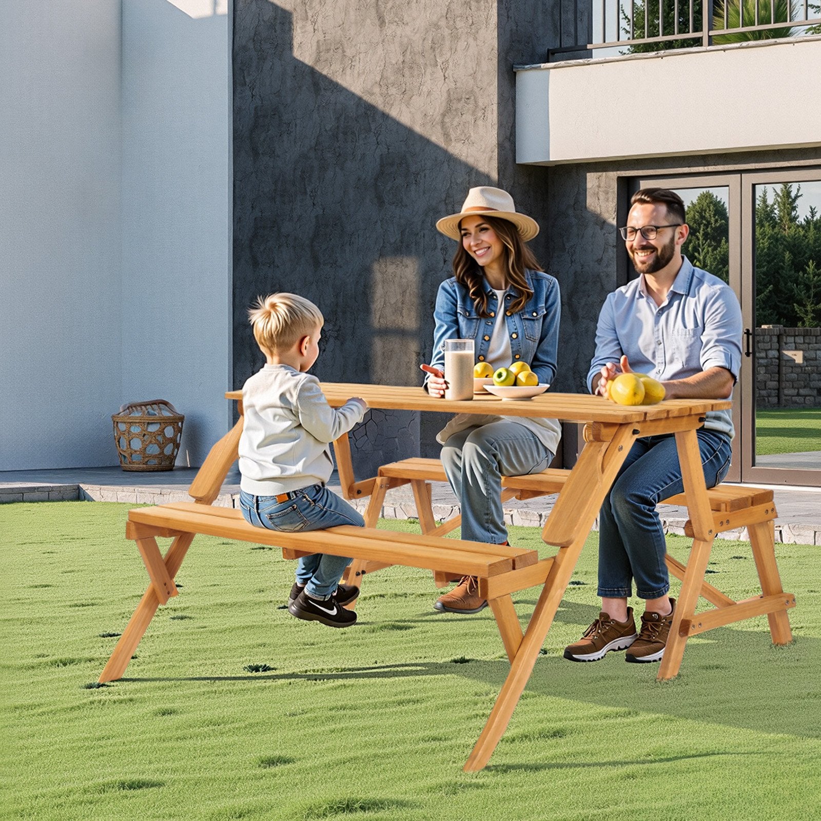 VEVOR 2-in-1 Transforming Interchangeable Picnic Table, Outdoor Wooden Table and Bench Set, Portable Foldable Bench with Umbrella Hole, Patio Dining Furniture for Garden, Backyard, Porch Brown