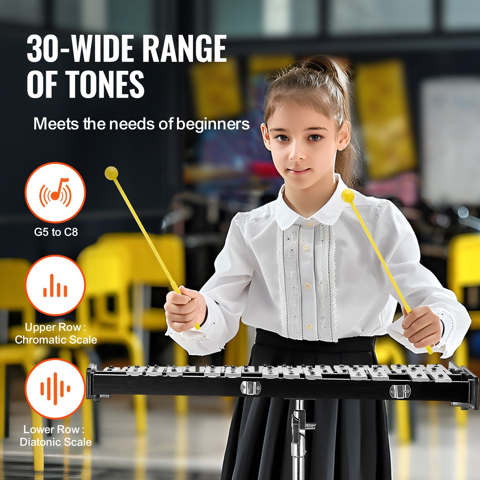 VEVOR 30 Note Glockenspiel Xylophone Bell Kit, Professional Percussion Instrument Set with Mallets, Drum Sticks, Music Stand, 8" Practice Pad, Adjustable Stand and Carrying Bag for Students & Adults
