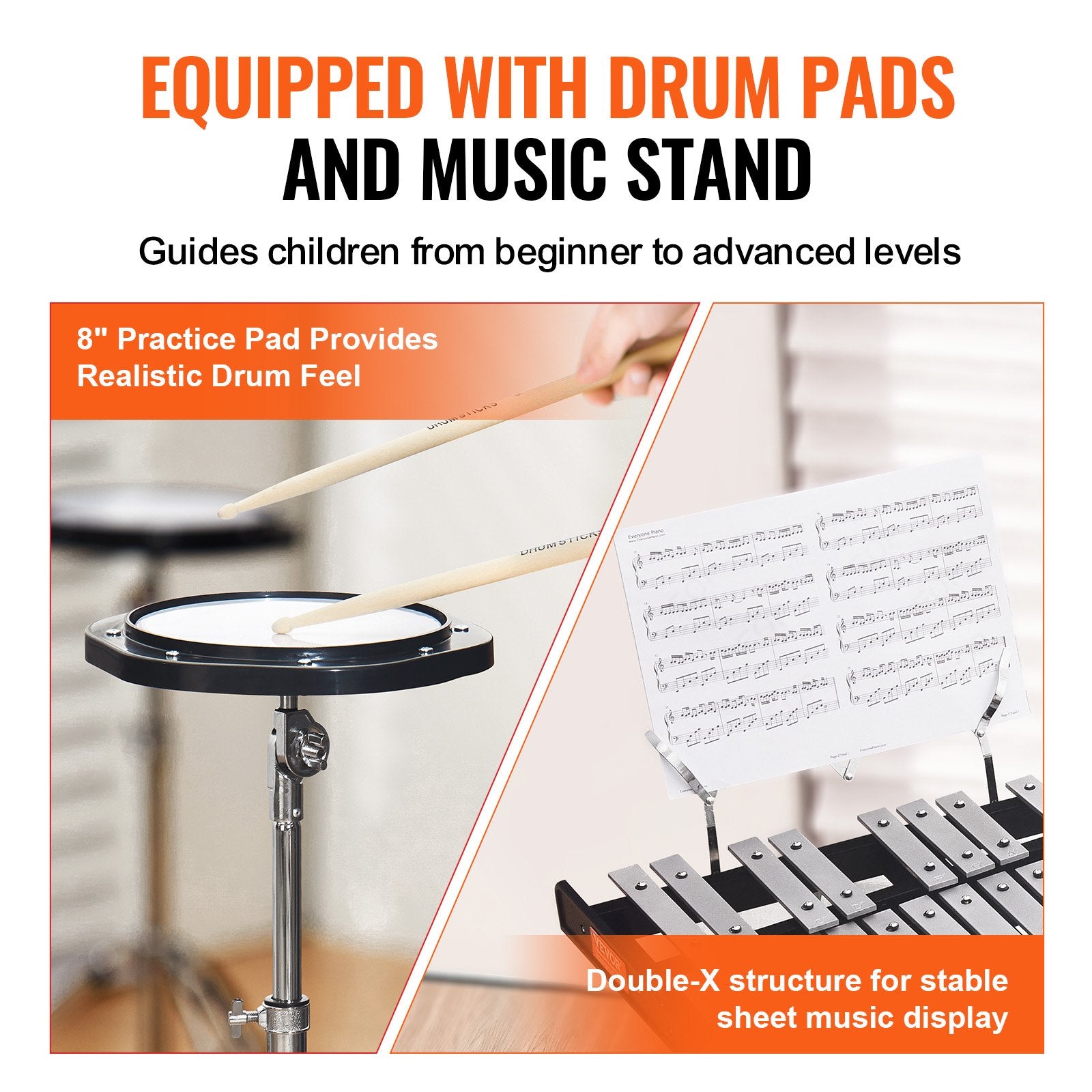 VEVOR 30 Note Glockenspiel Xylophone Bell Kit, Professional Percussion Instrument Set with Mallets, Drum Sticks, Music Stand, 8" Practice Pad, Adjustable Stand and Carrying Bag for Students & Adults