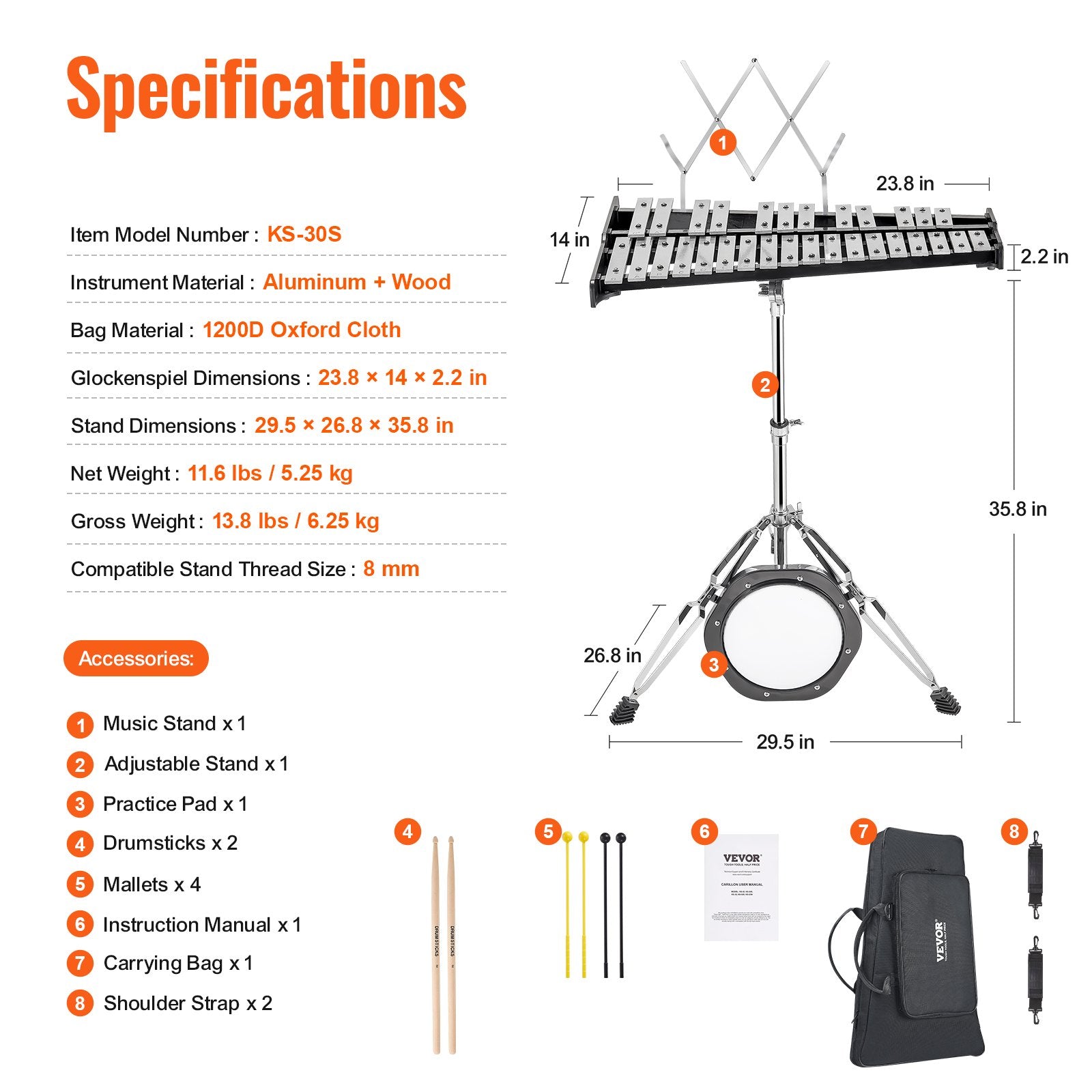 VEVOR 30 Note Glockenspiel Xylophone Bell Kit, Professional Percussion Instrument Set with Mallets, Drum Sticks, Music Stand, 8" Practice Pad, Adjustable Stand and Carrying Bag for Students & Adults